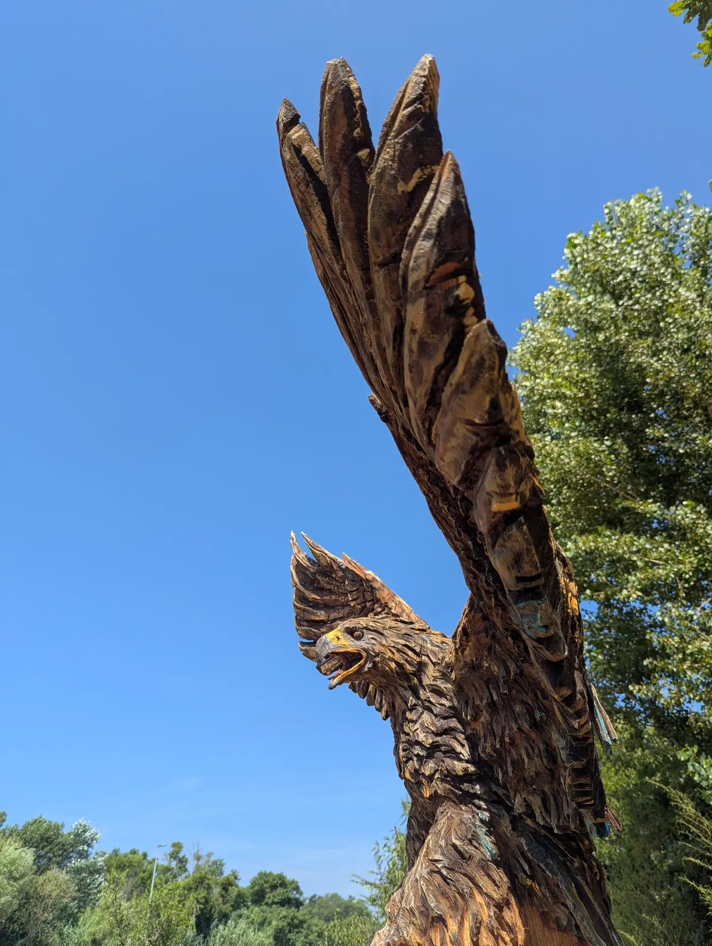 Il vole il plane il a l’amour - sculpture à la tronçonneuse - thuya géant