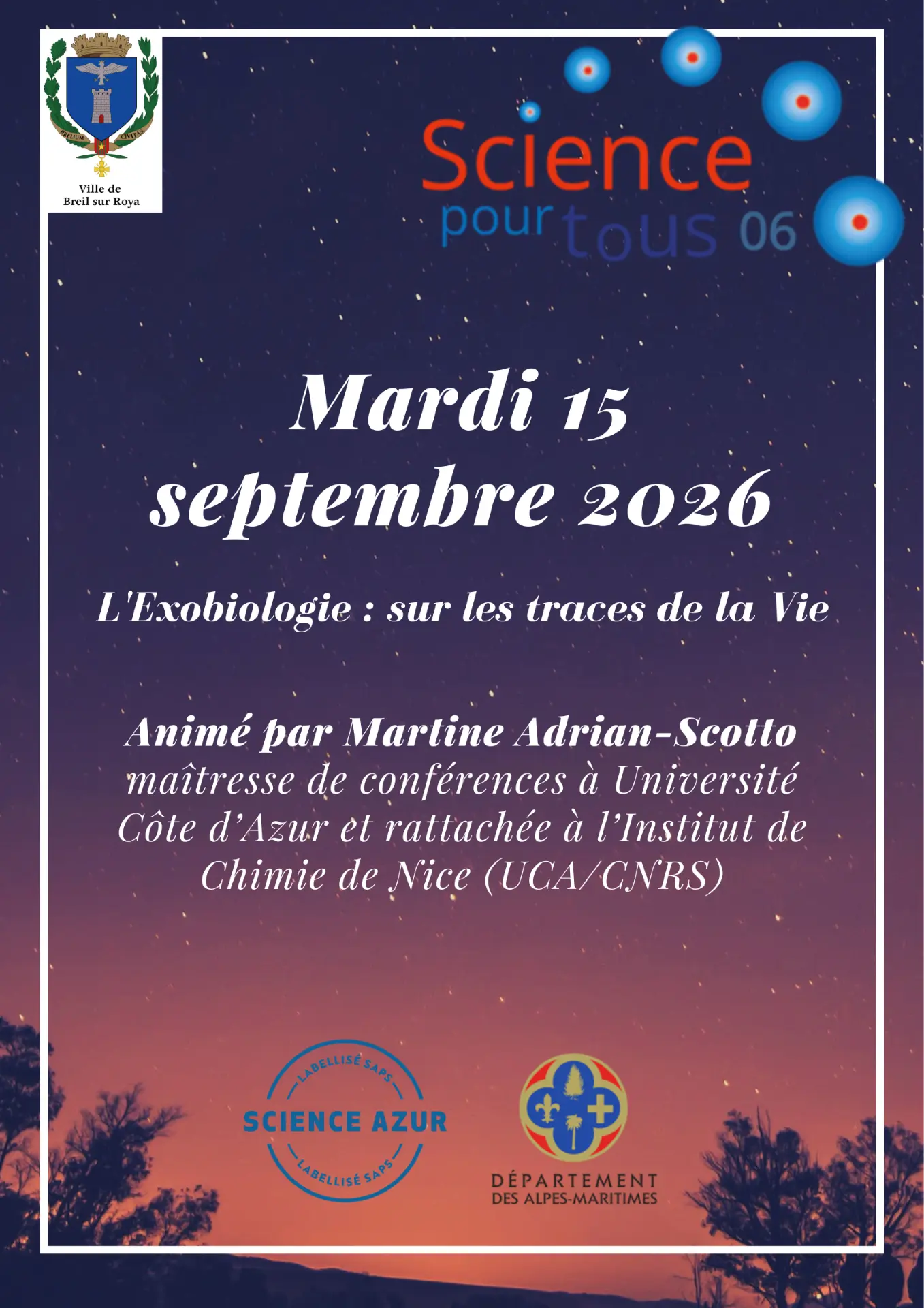 Conférence Sciences pour tous :  l'exobiologie : sur les traces de la Vie