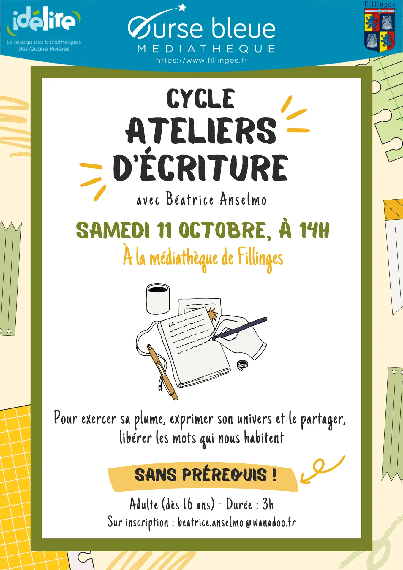 Affiche Atelier d'écriture  avec Béatrice Anselmo Fillinges