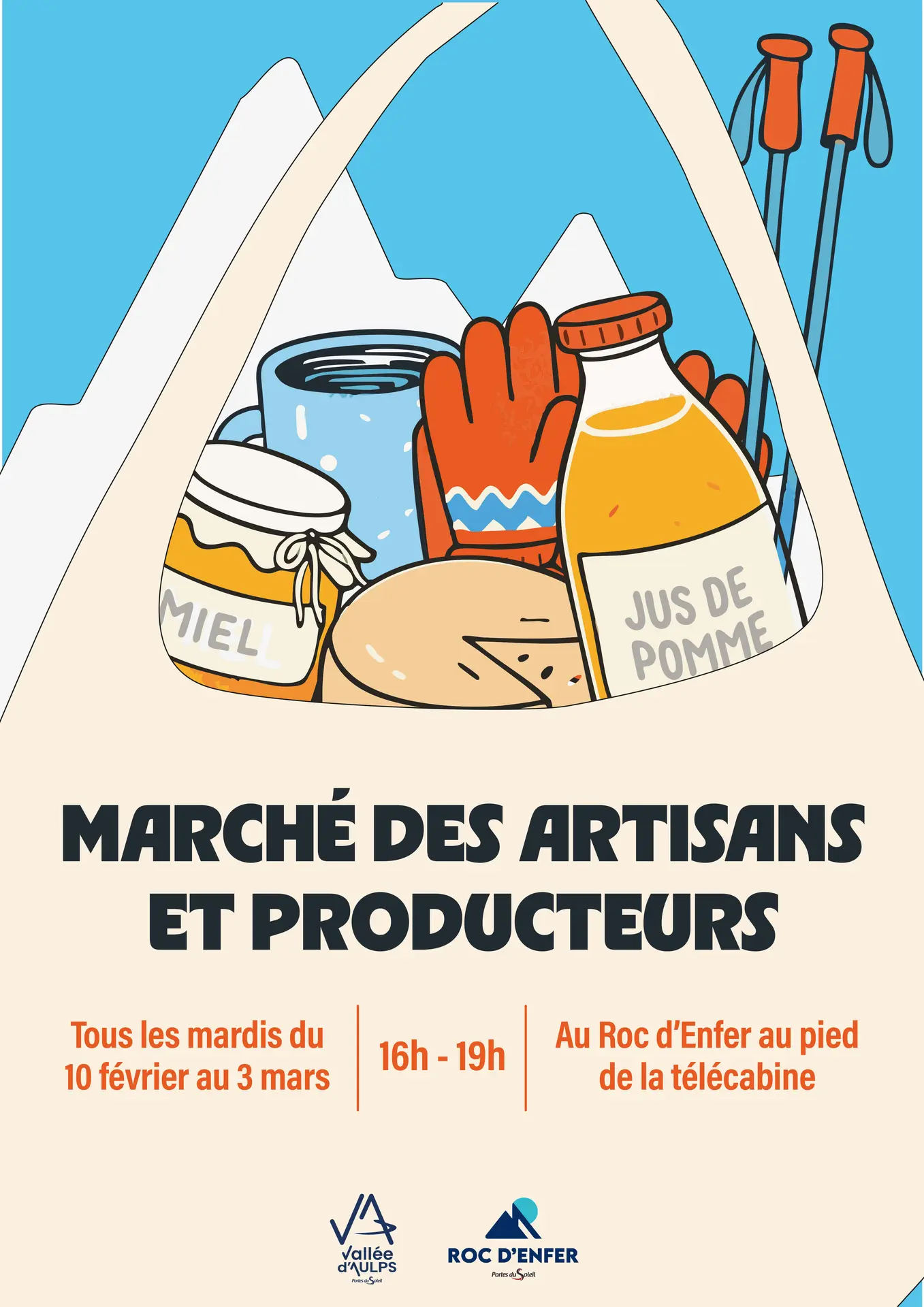 Affiche du marché des artisans du Roc d'Enfer pendant les vacances d'hiver.