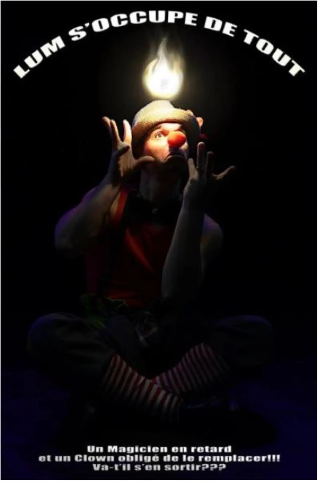 Le clown magicien avec son nez rouge et une flamme au dessus de la tête