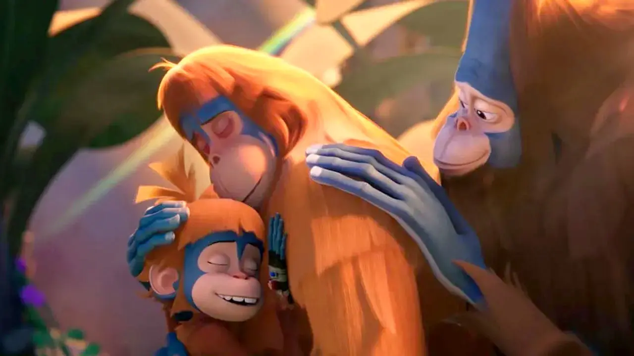 dessin animé avec 3 chimpanzés qui s'enlacent, ils forment une famille