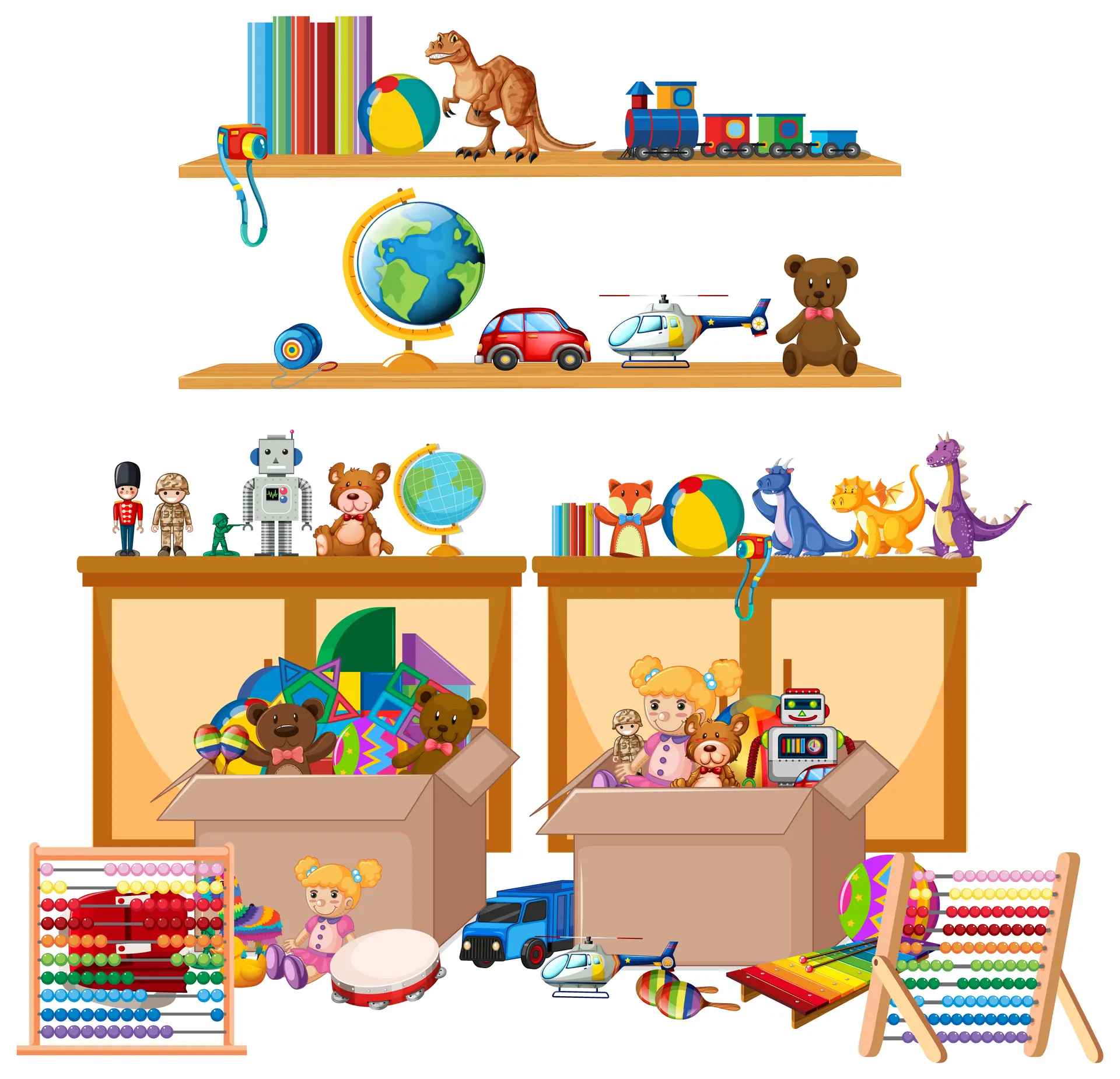 Étagères et cartons remplis de jouets