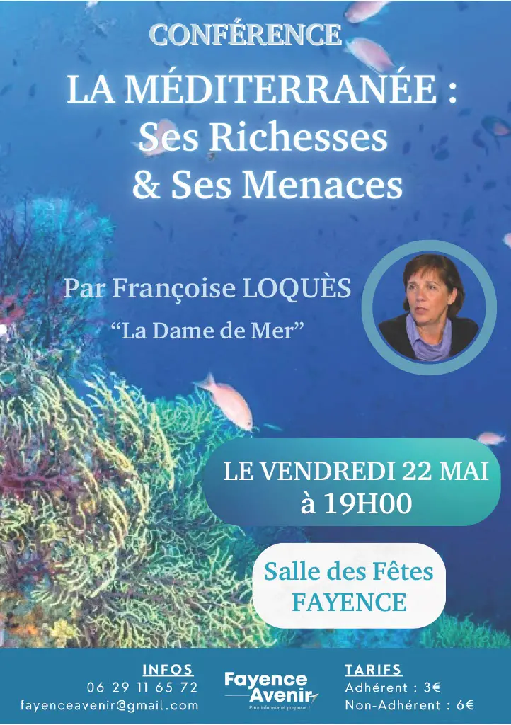 Uneconférence de Françoise LOQUÈS Docteure en biologie marine, Françoise Loquès consacre sa vie à l’étude et à la protection de la Méditerranée. Ancienne directrice du Conseil scientifique des Îles de Lérins à Cannes, elle est une spécialiste reconnue de l’écologie marine et de la pédagogie environnementale. À travers ses conférences, elle transmet avec passion les clés pour comprendre et préserver les équilibres fragiles du monde sous-marin.