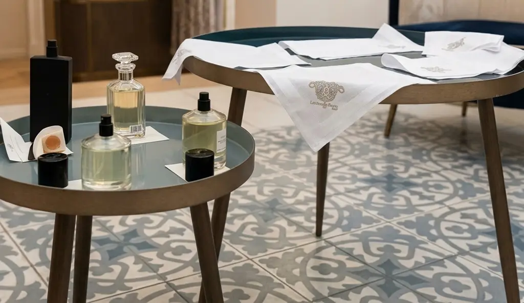 Photo de parfums sur une table avec mouchoirs pour diffusion des odeurs pour la meditation olfactive