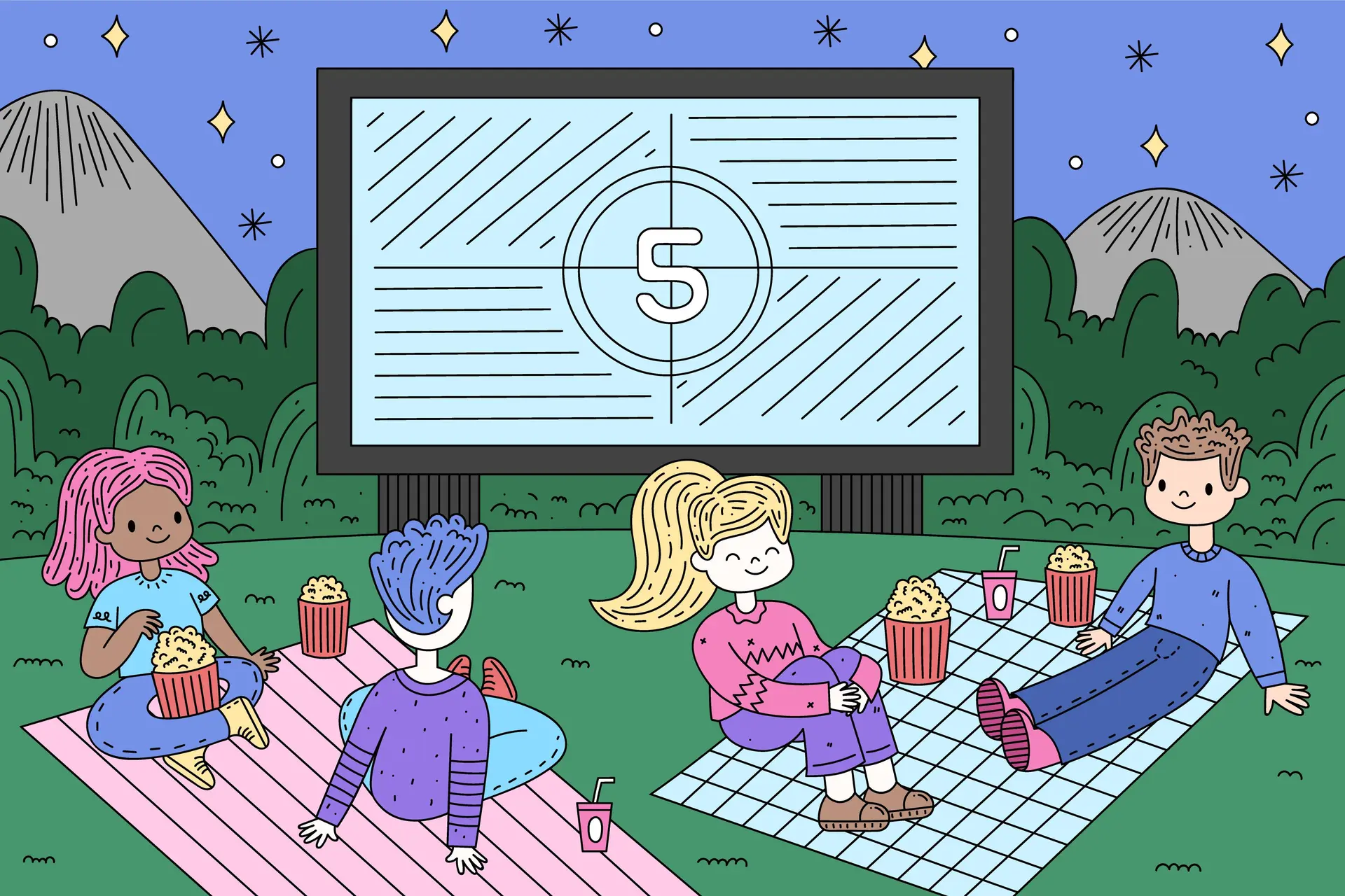 Un dessin représentant un cinéma en plein air