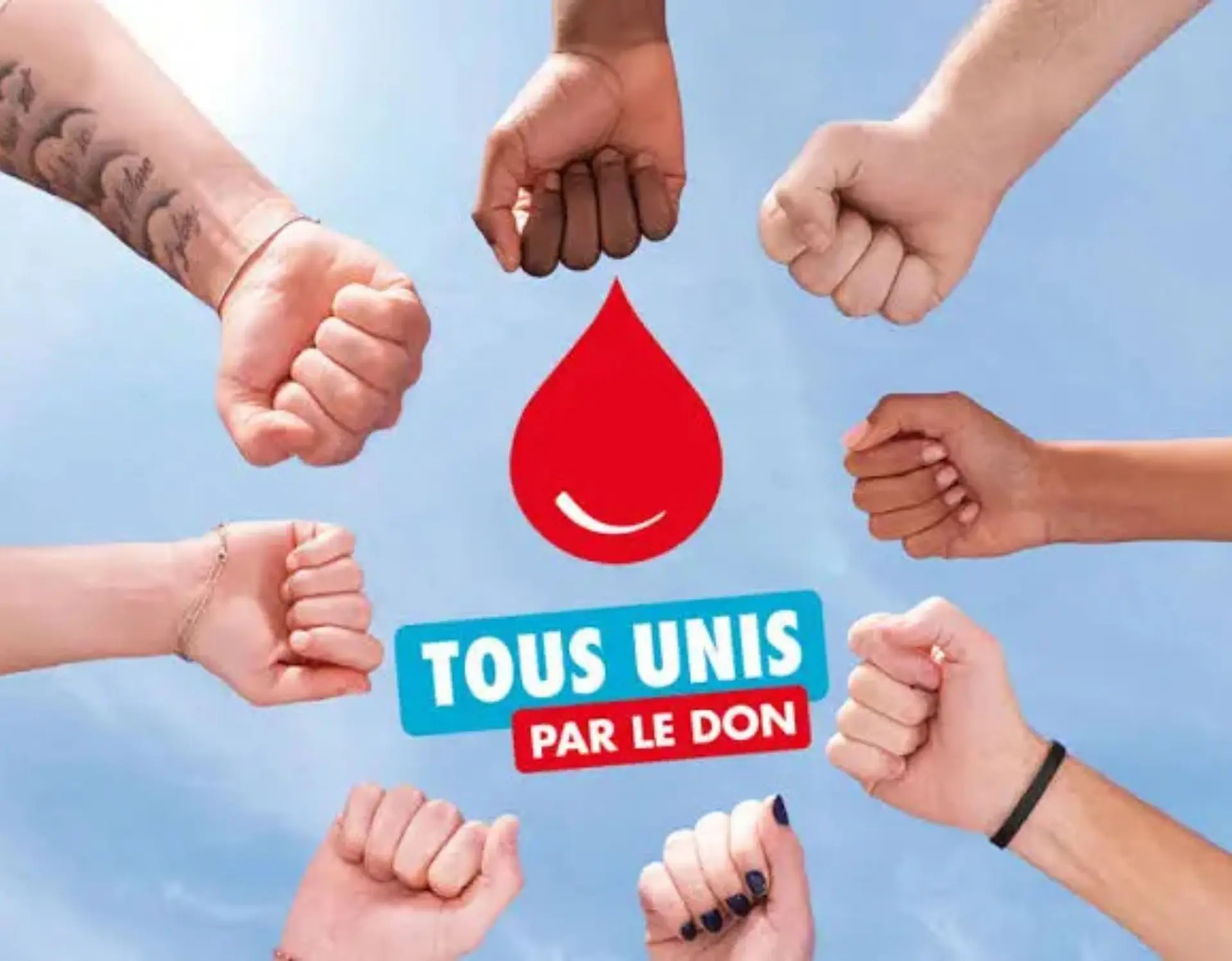 8 hands in a circle around an illustrated drop of blood