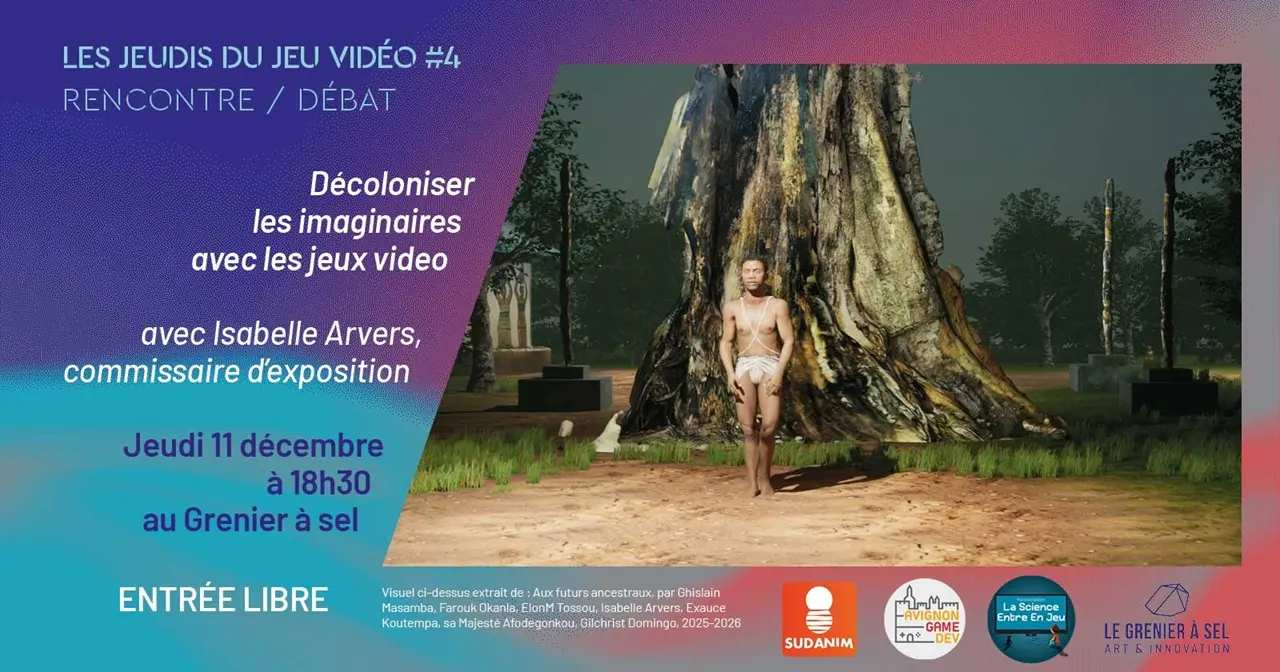 visuel d’illustration de la rencontre est extrait de : Aux futurs ancestraux, par Ghislain Masamba, Farouk Okanla, ElonM Tossou, Isabelle Arvers, Exauce Koutempa, sa Majesté Afodegonkou, Gilchrist Domingo, 2025-2026.