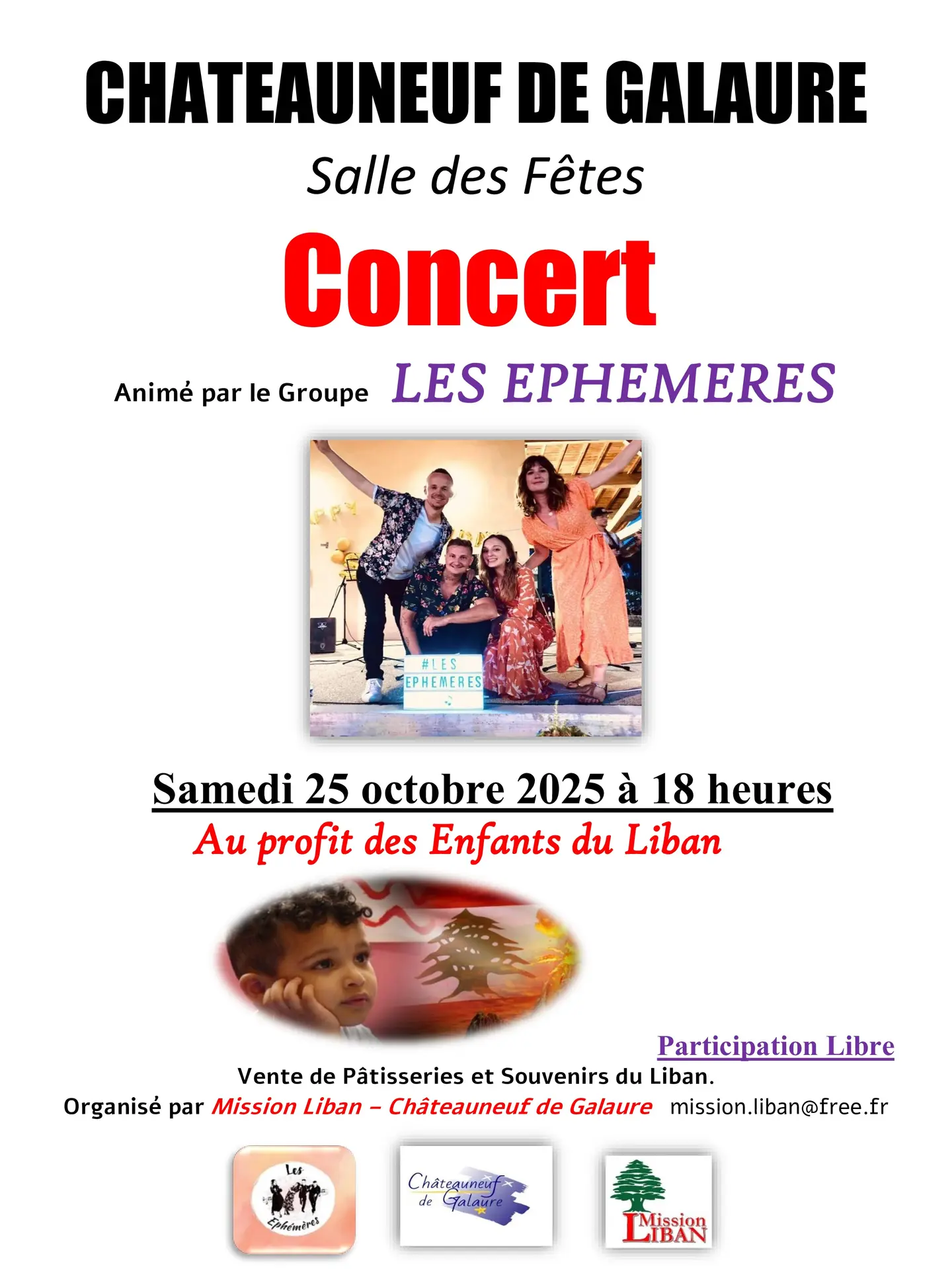 Affiche indiquant le concert avec la photo des 4 membres du groupe
