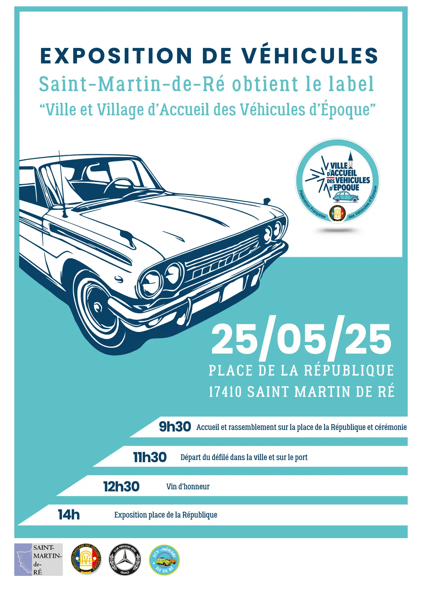 Affiche blanche et bleu avec une voiture et le programme