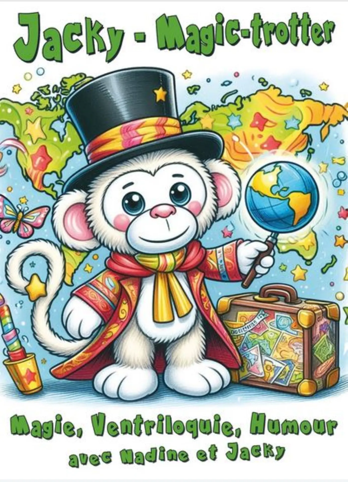 Jacky le petit singe blanc en magicien