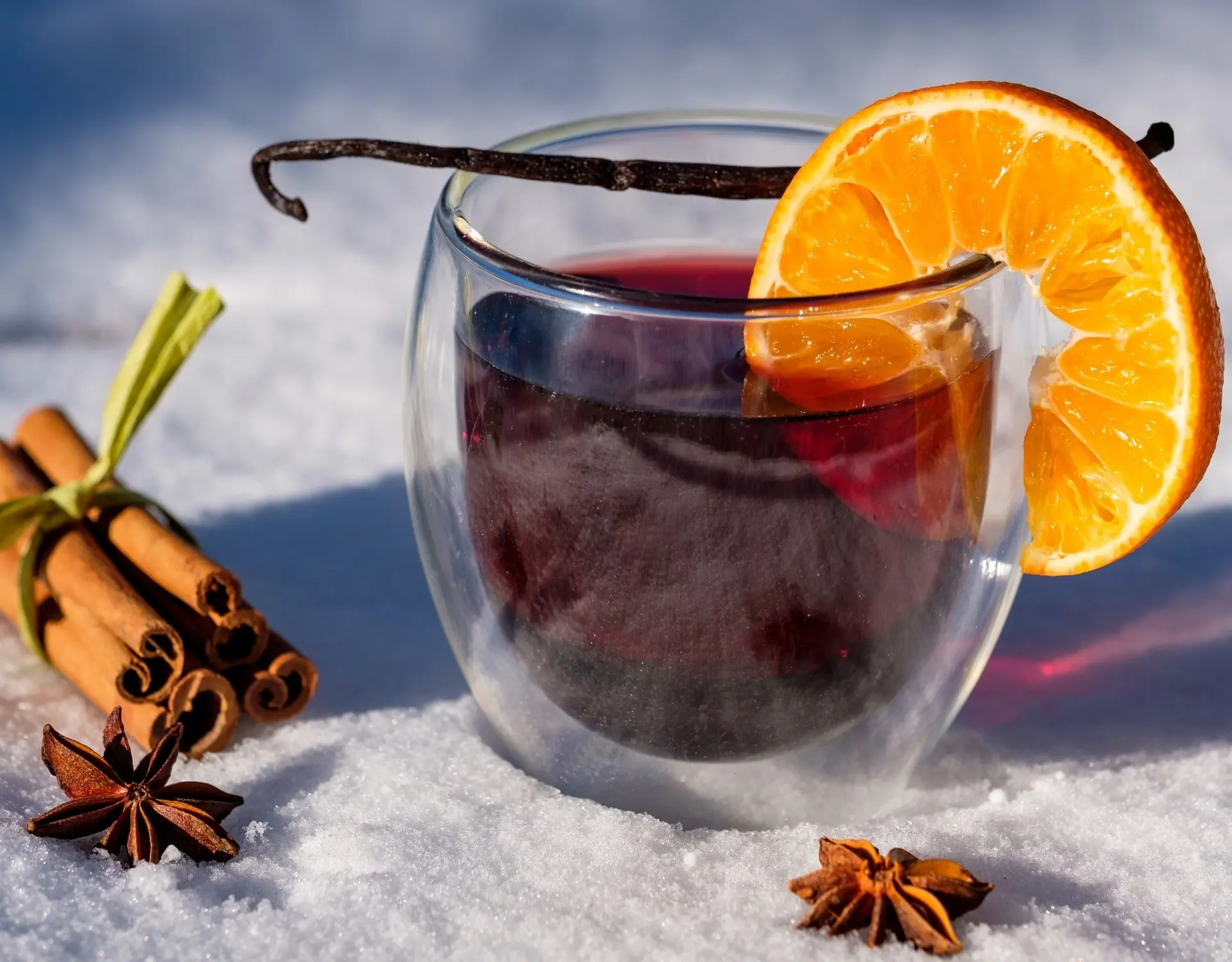 verre de vin chaud et épices dans la neige