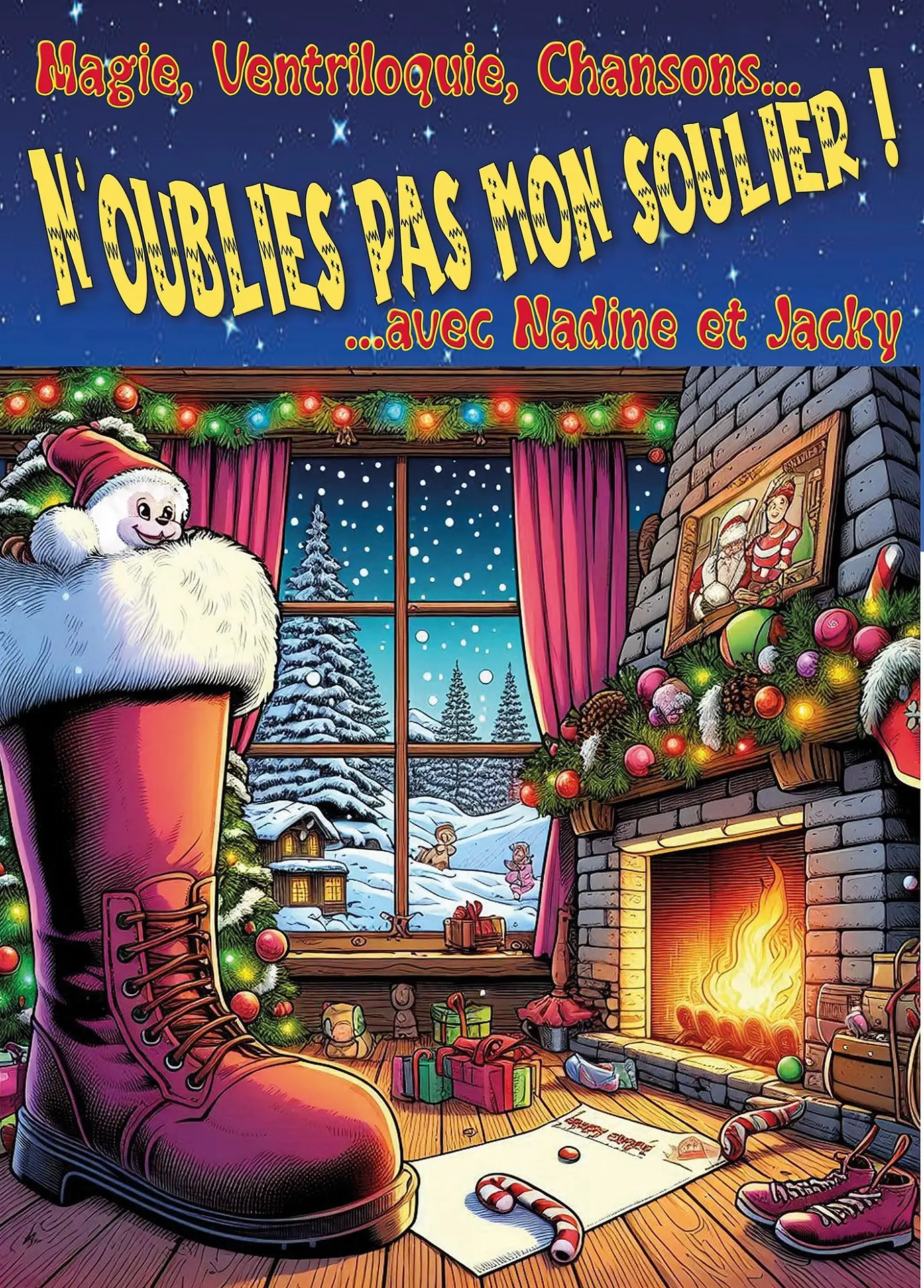 affiche avec un gros soulier rouge dans une maison devant un feu de cheminée et un décor enneigé