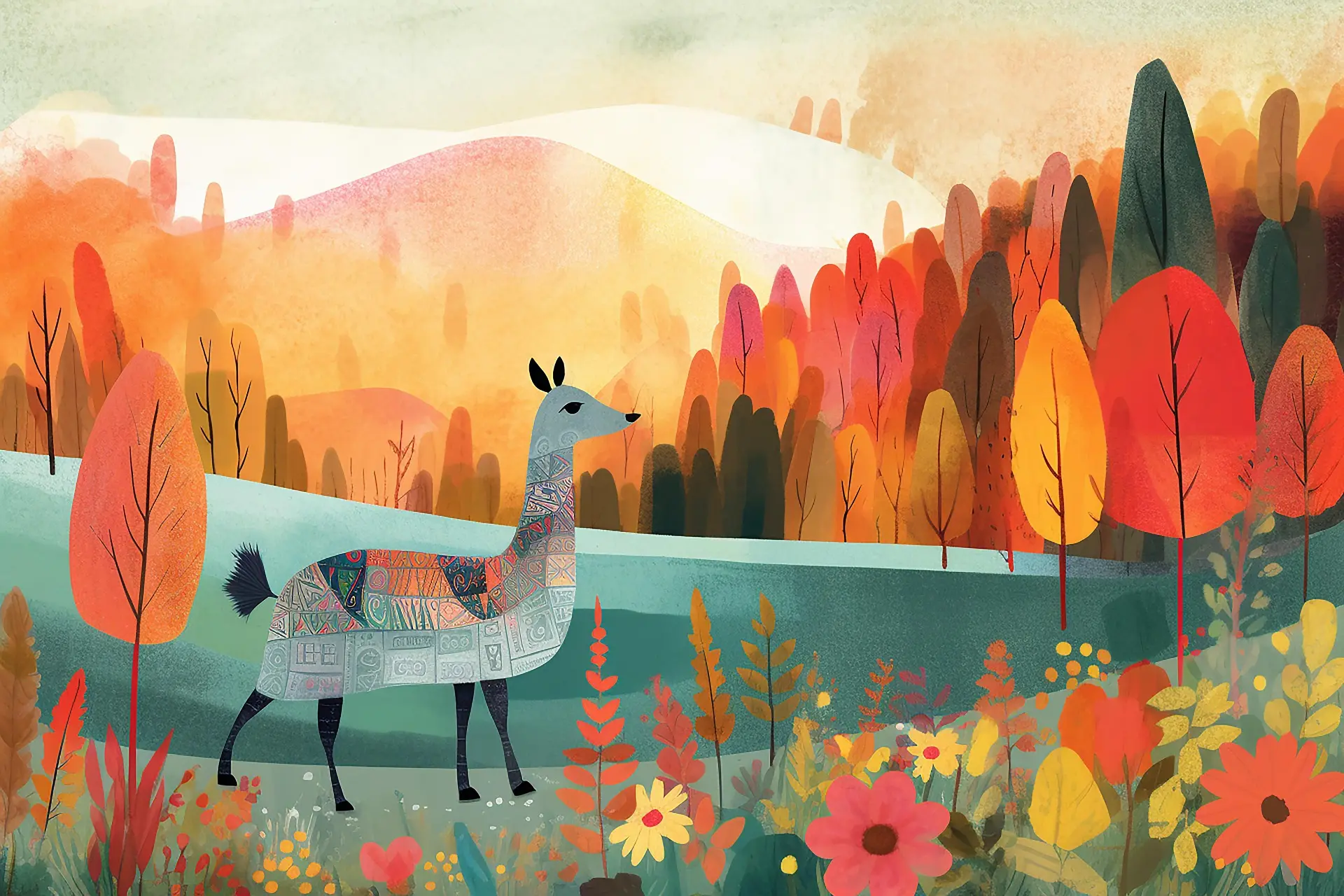 Illustration couleur d'un lama dans une forêt