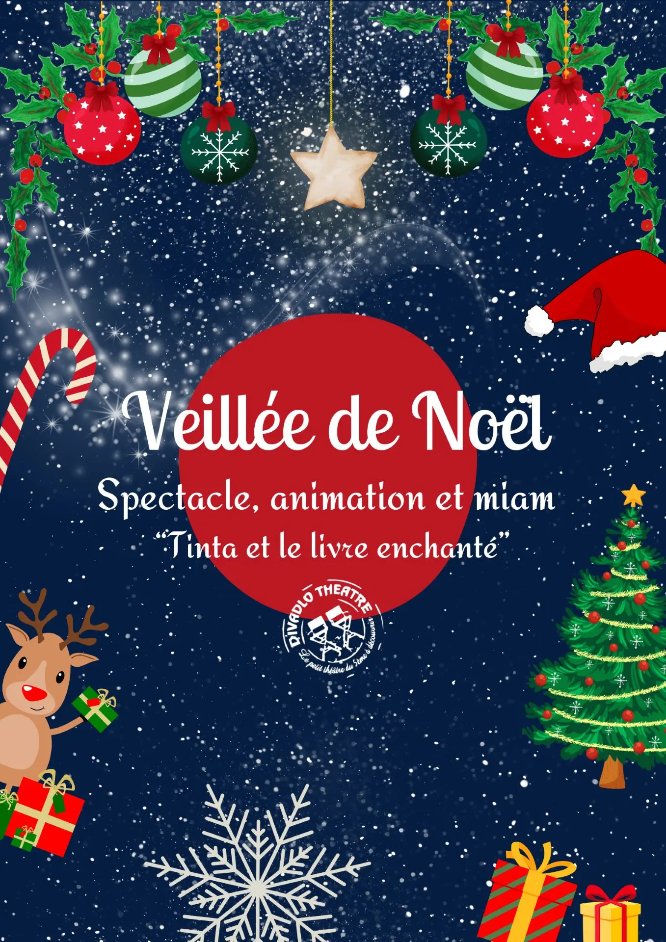 visuel noël avec des décorations disséminées sur l'affiche