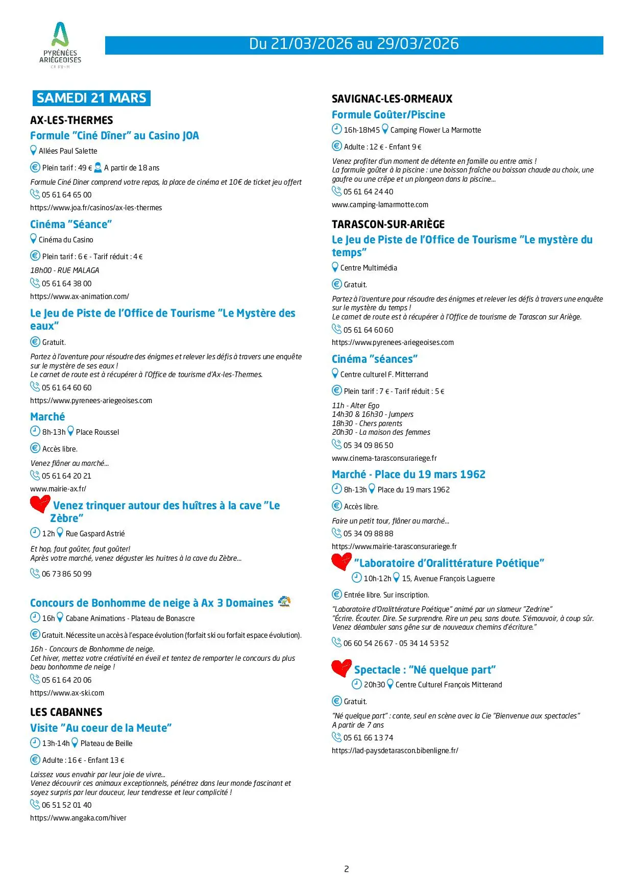 Du 21 au 29.03.Programme Animations & Activités