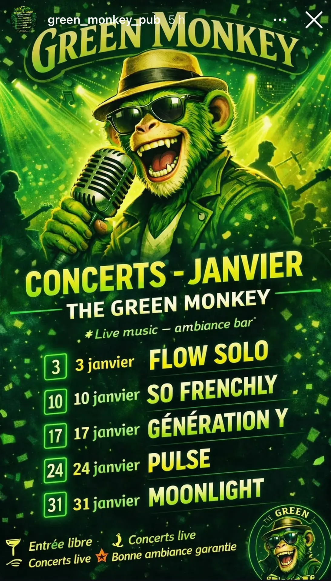 Live concerts in January at the Green Monkey Pub