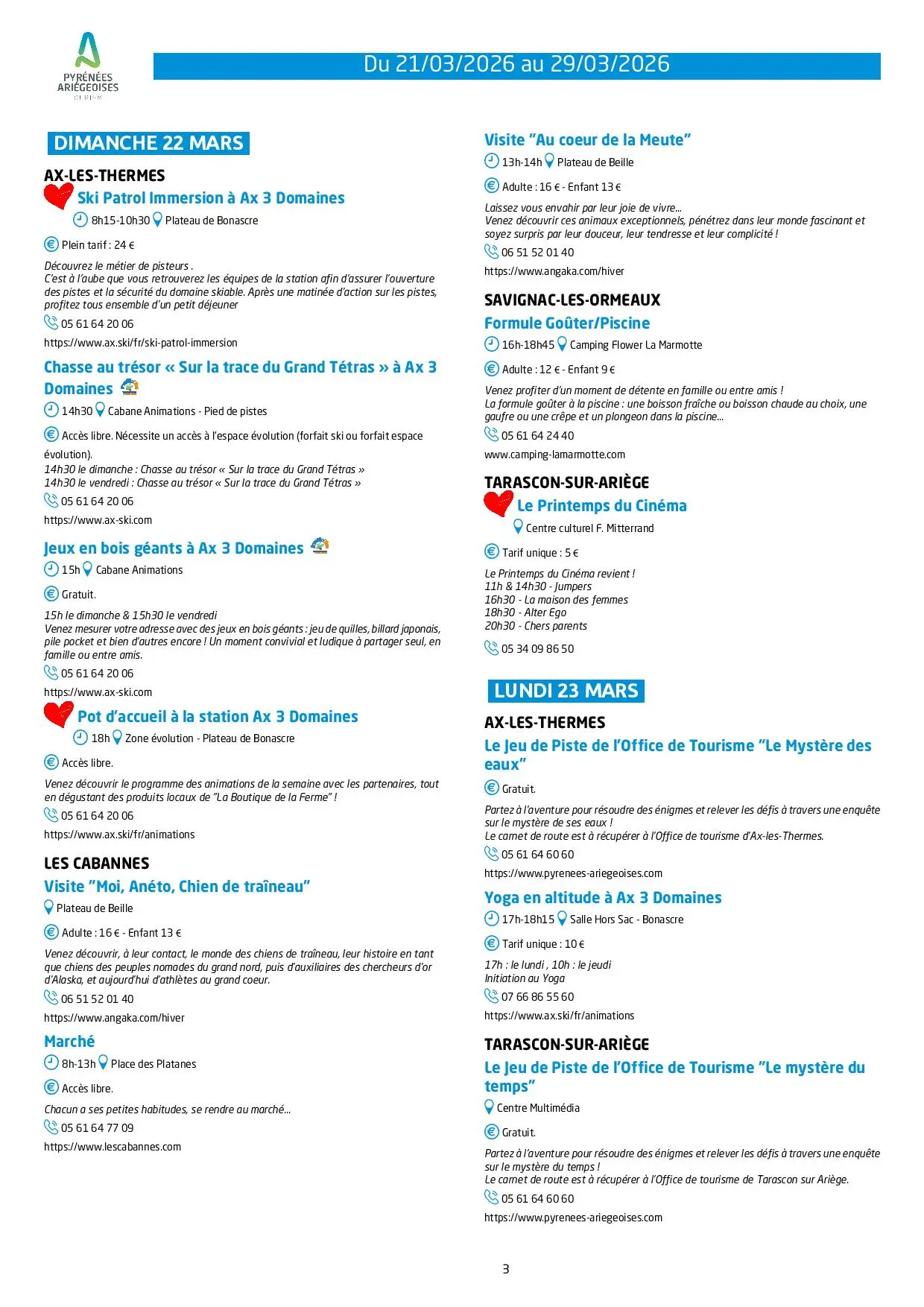 Du 21 au 29.03.Programme Animations & Activités