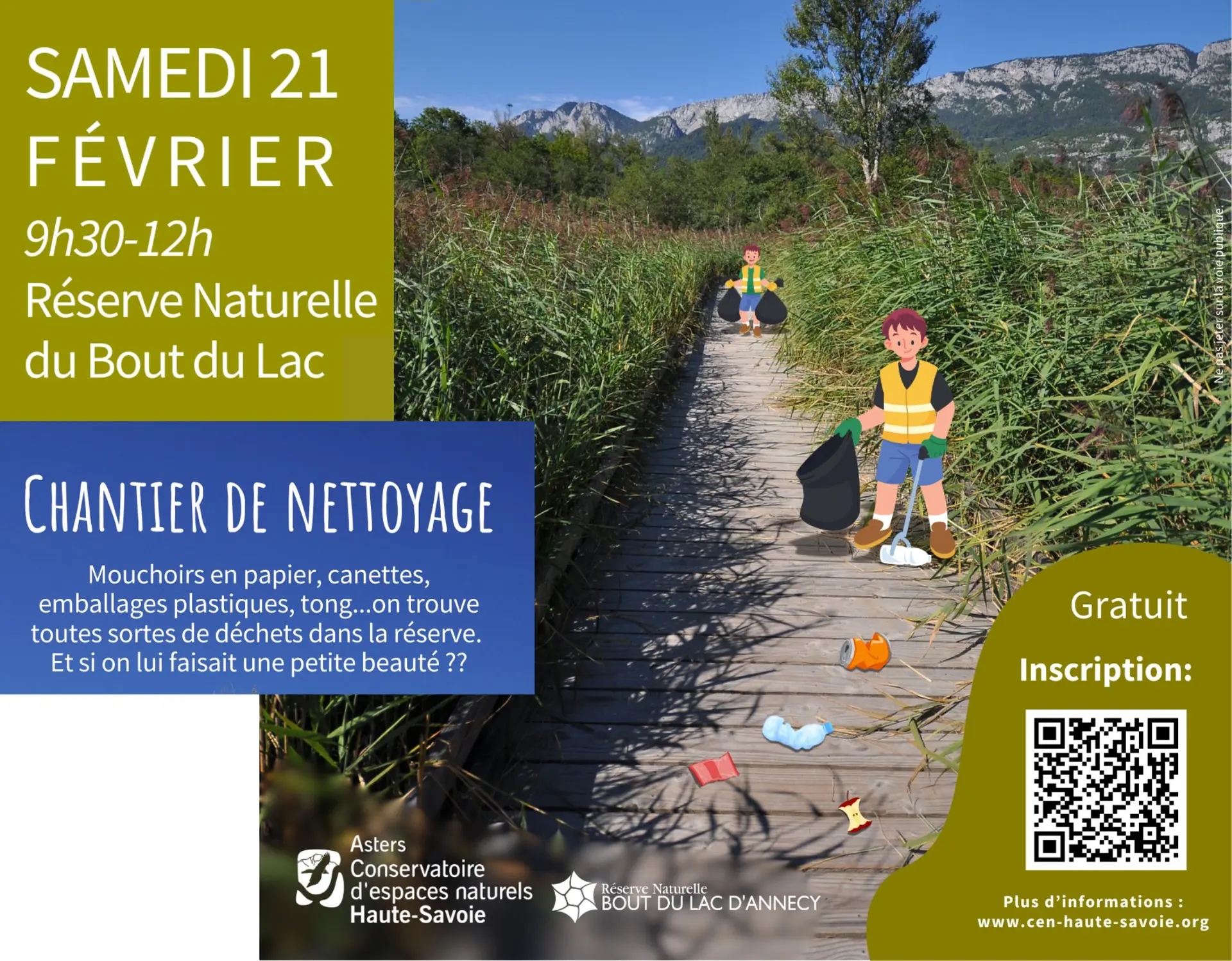 photo réserve naturelle et illustration enfants qui ramassent des déchets
