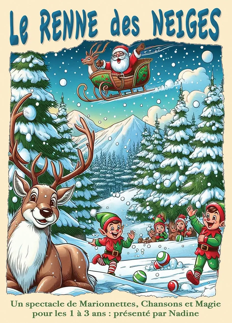 affiche d'un paysage enneigé avec un rennes et des lutins qui jouent entre les sapins