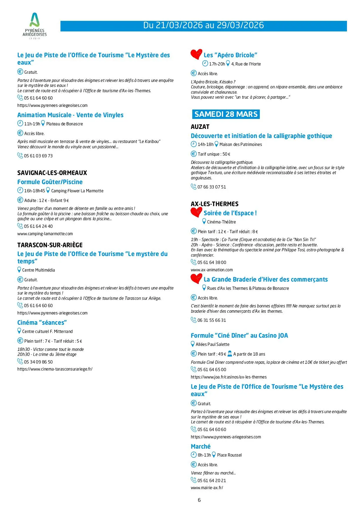 Du 21 au 29.03.Programme Animations & Activités