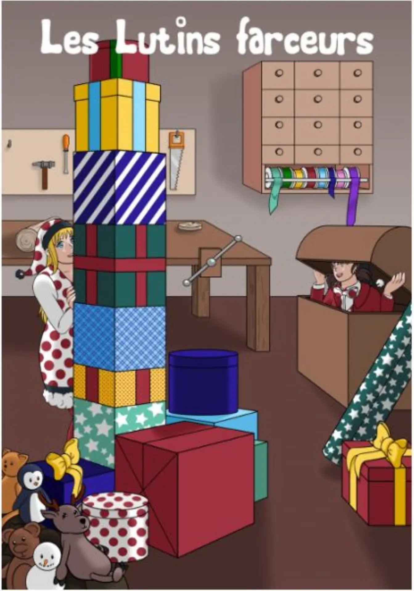Deux lutins s'amusent dans l'atelier du Père Noël