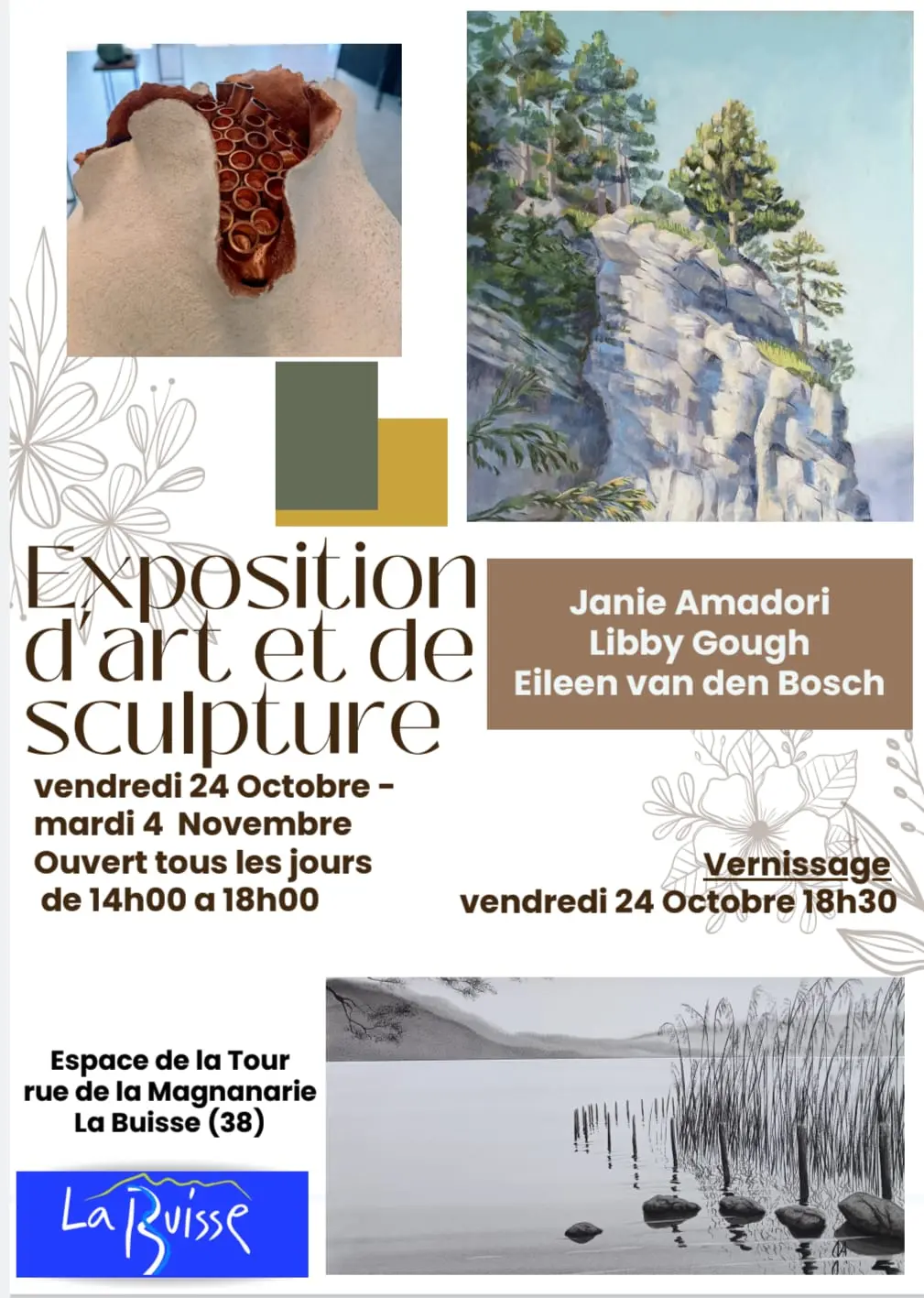 Fond blanc avec dessins de fleurs, informations de l'évènement encadrés par photos d'une sculpture de fleur, d'une peinture de paysage (arbre en bord de falaise) et peinture d'un lac en grisé, noir et blanc.