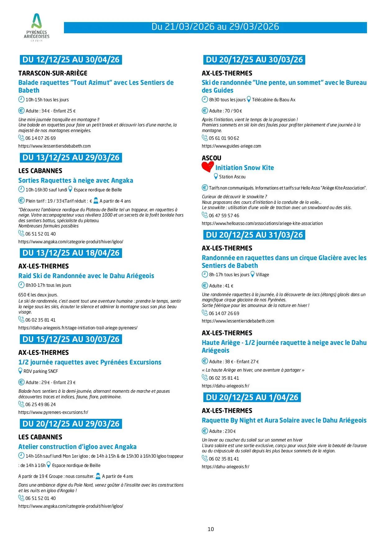 Du 21 au 29.03.Programme Animations & Activités