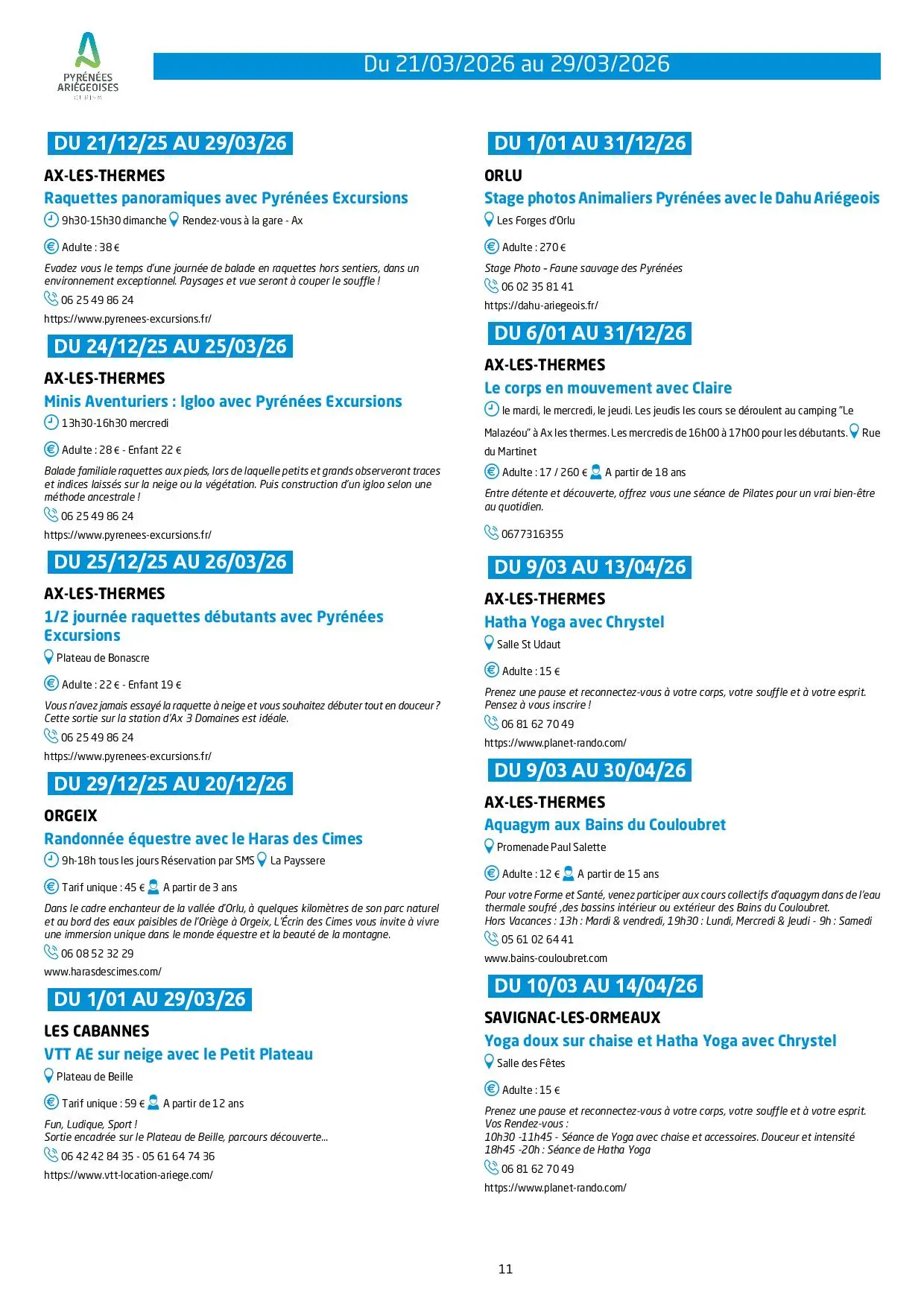 Du 21 au 29.03.Programme Animations & Activités