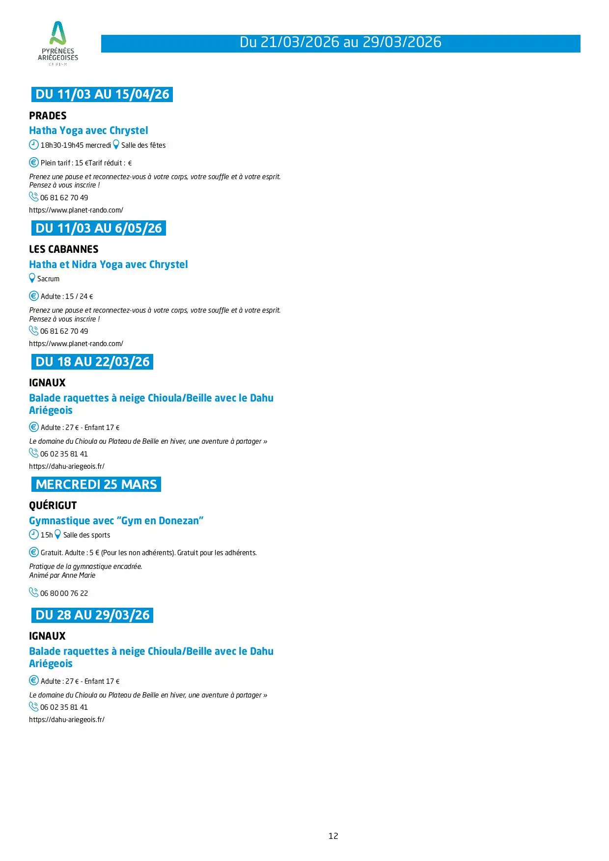 Du 21 au 29.03.Programme Animations & Activités