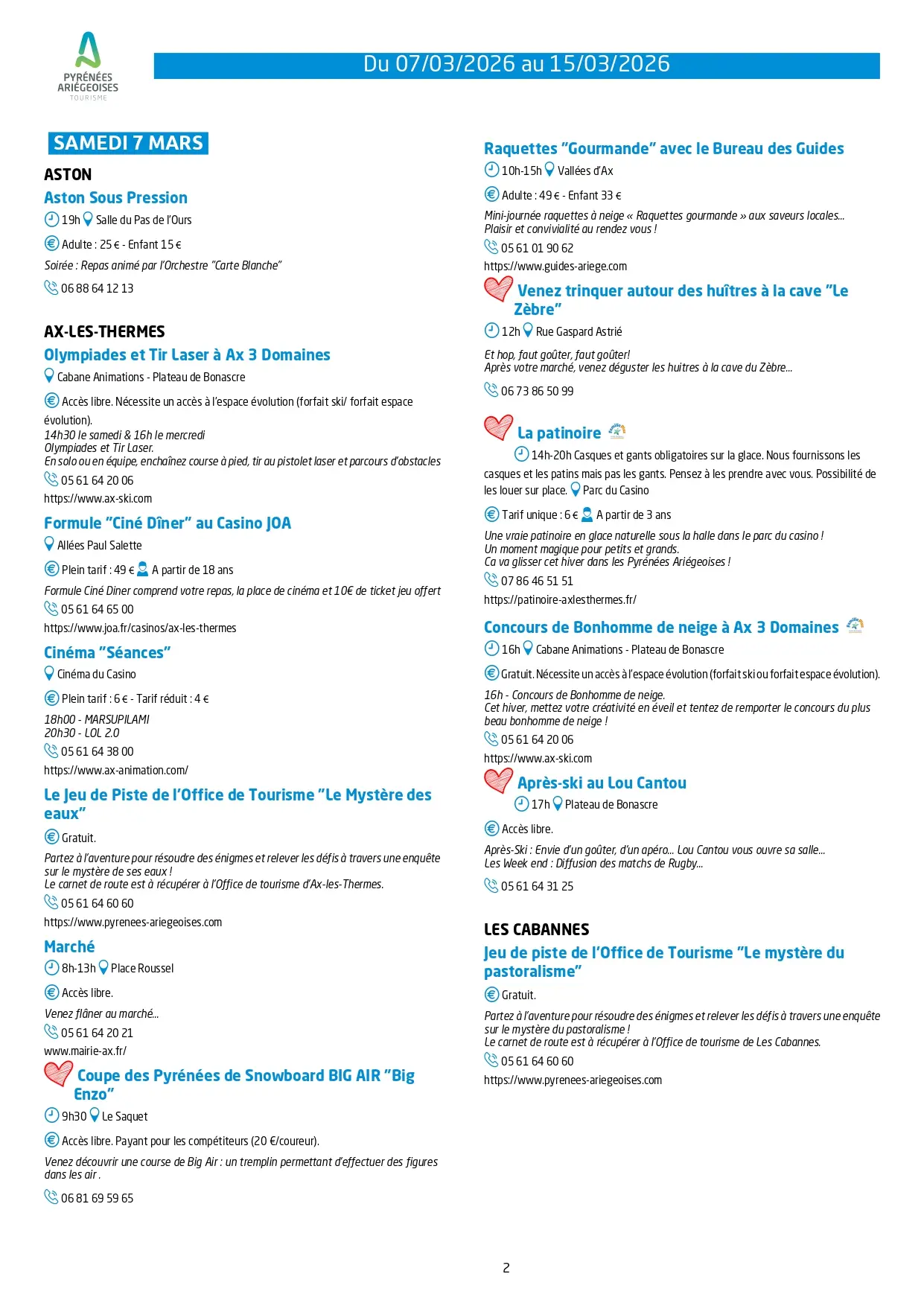 Programme des animations 7 au 15 mars 2026