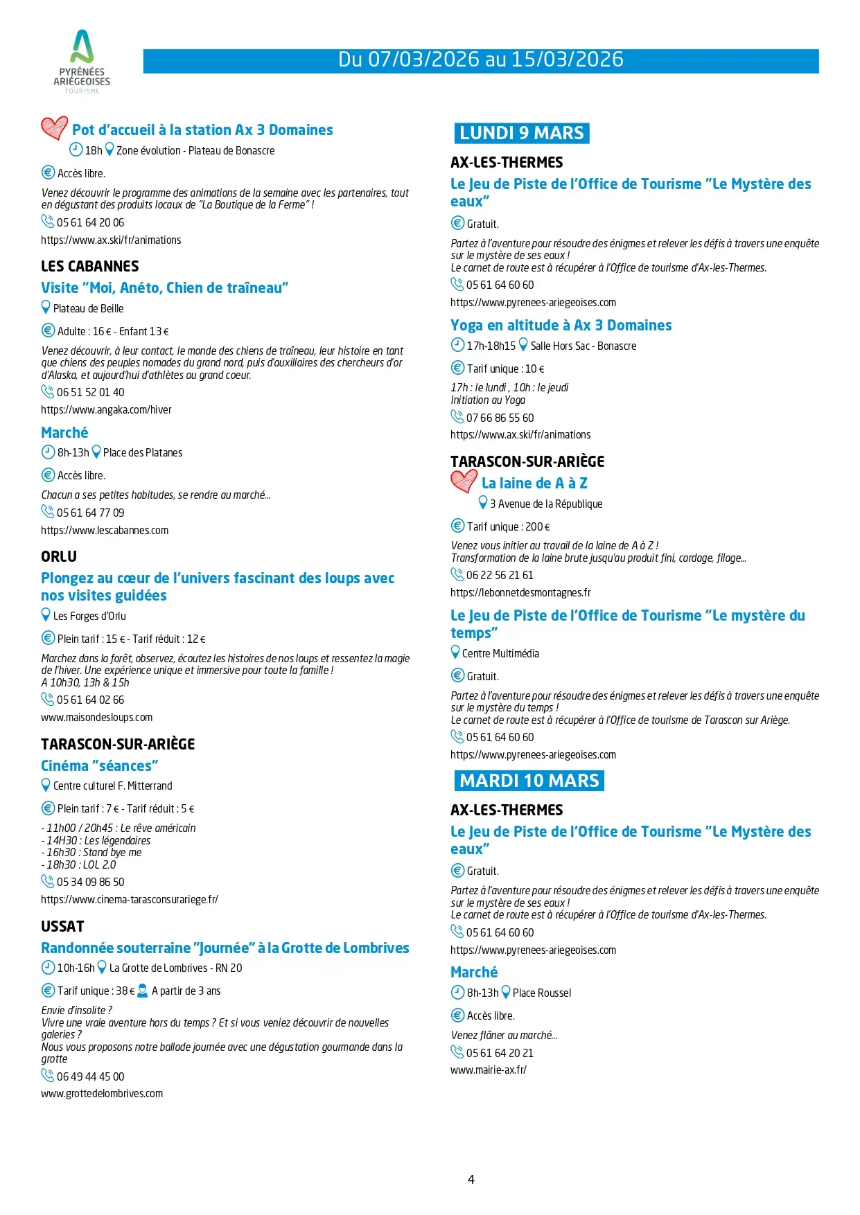 Programme des animations 7 au 15 mars 2026