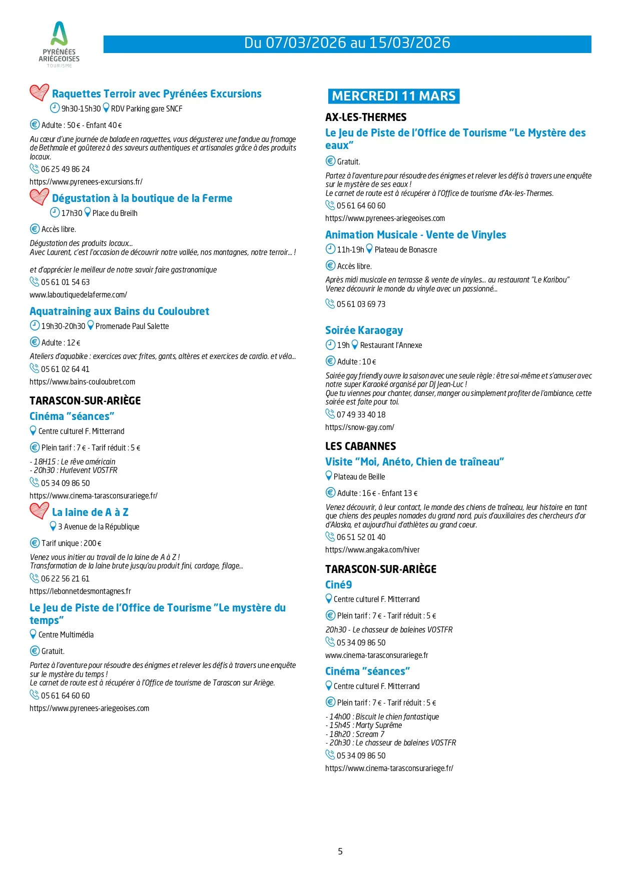 Programme des animations 7 au 15 mars 2026