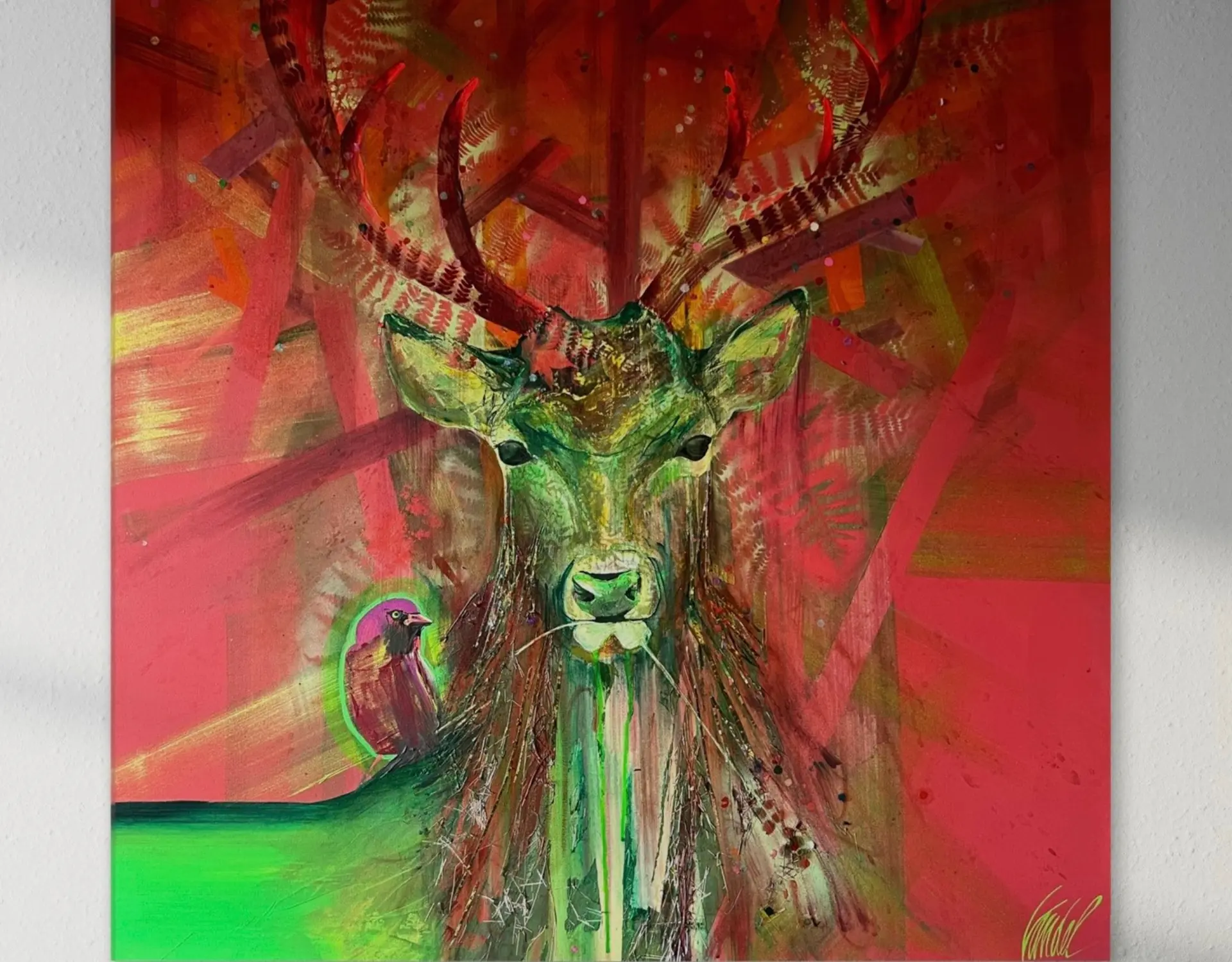 tableau cerf et oiseau peinture et collage