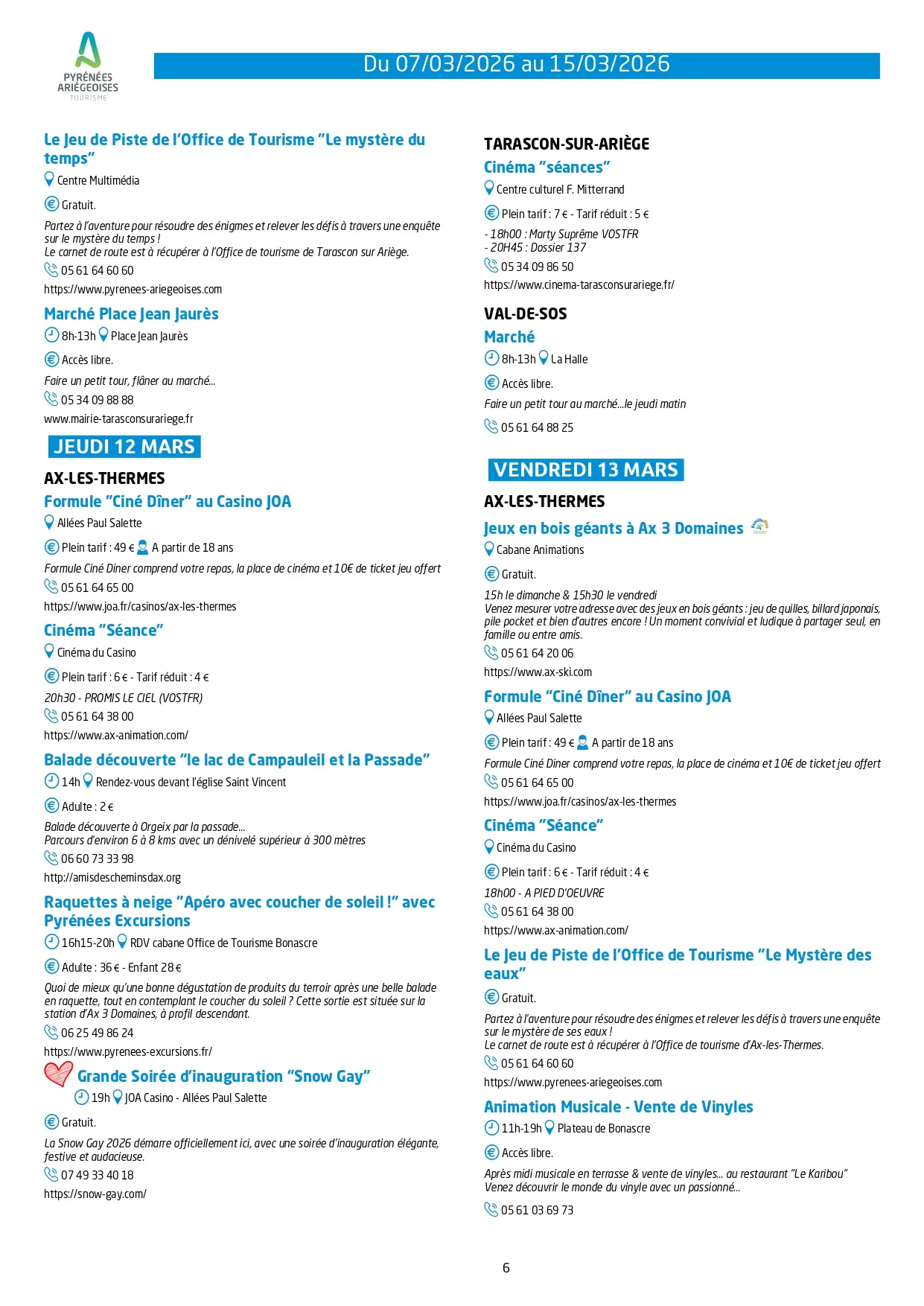 Programme des animations 7 au 15 mars 2026