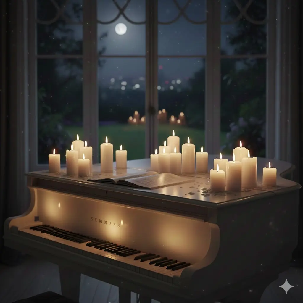 piano de nuit, avec bougies allumées dessus