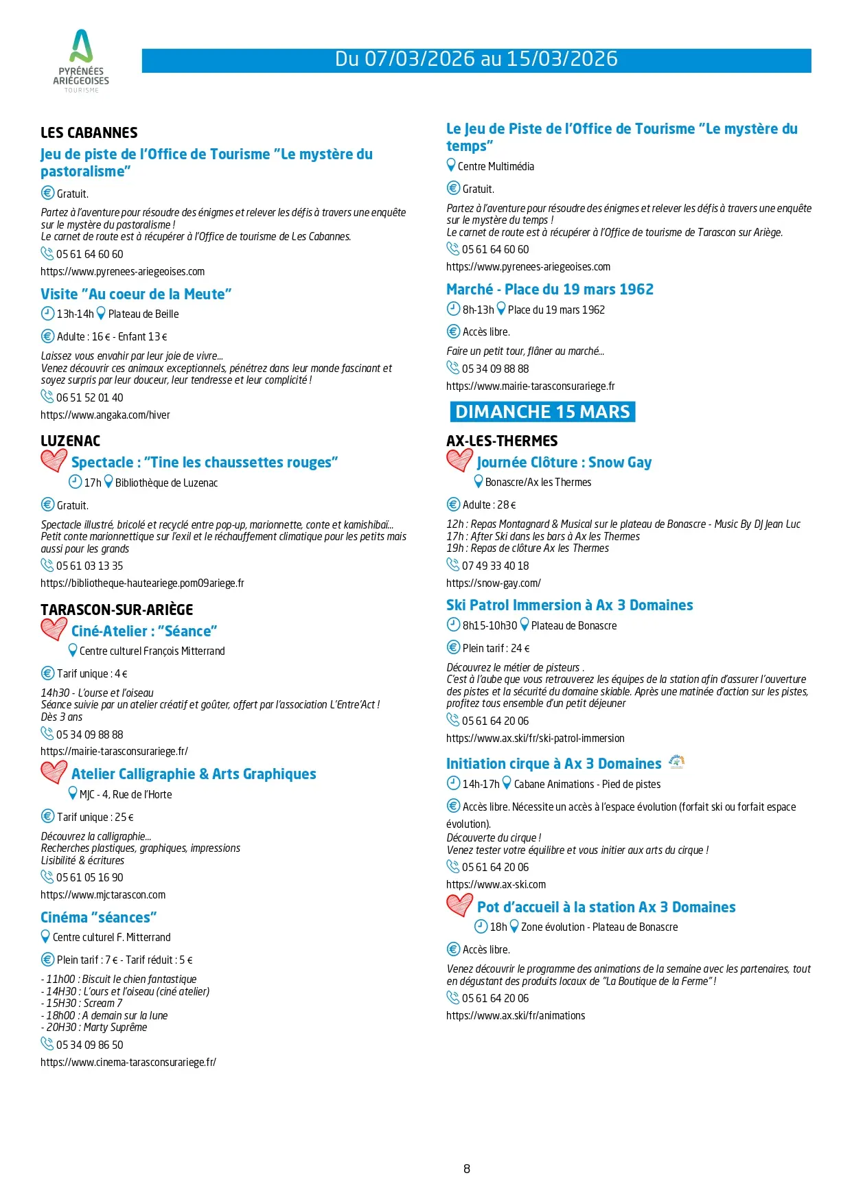 Programme des animations 7 au 15 mars 2026