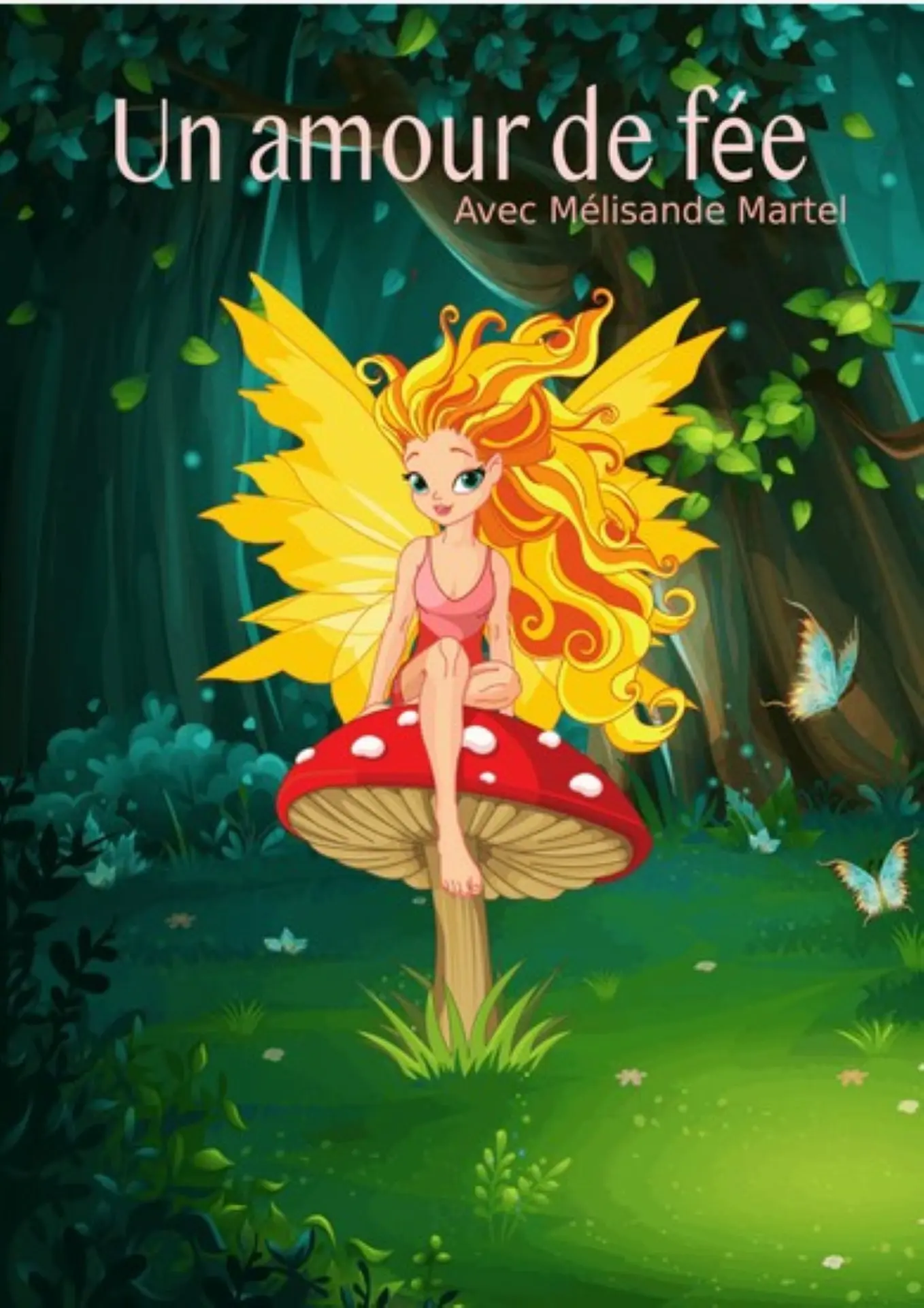 Une fée ailée et assise sur un champignon dans une forêt