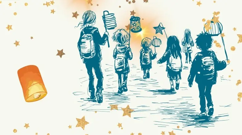 Dessin d'enfants tenant des lanternes.