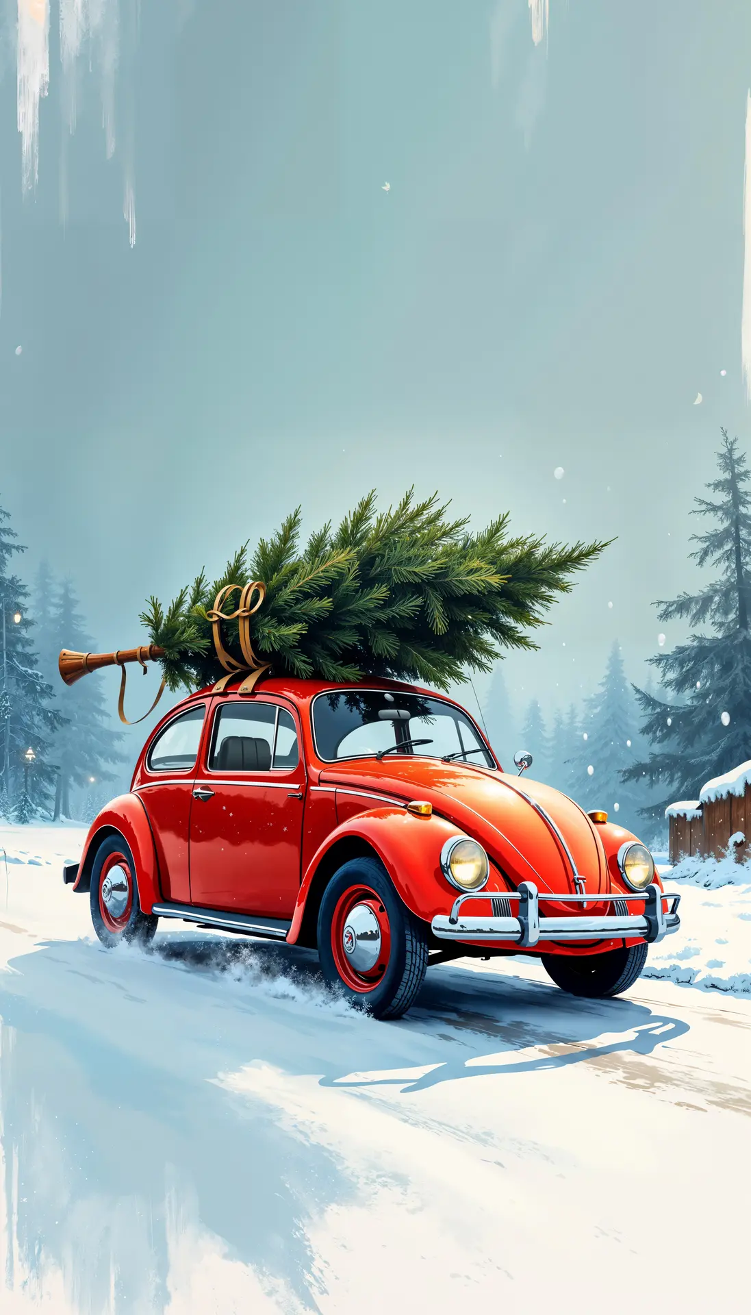 Une voiture coccinelle avec un gros sapin de Noël sur le toit.