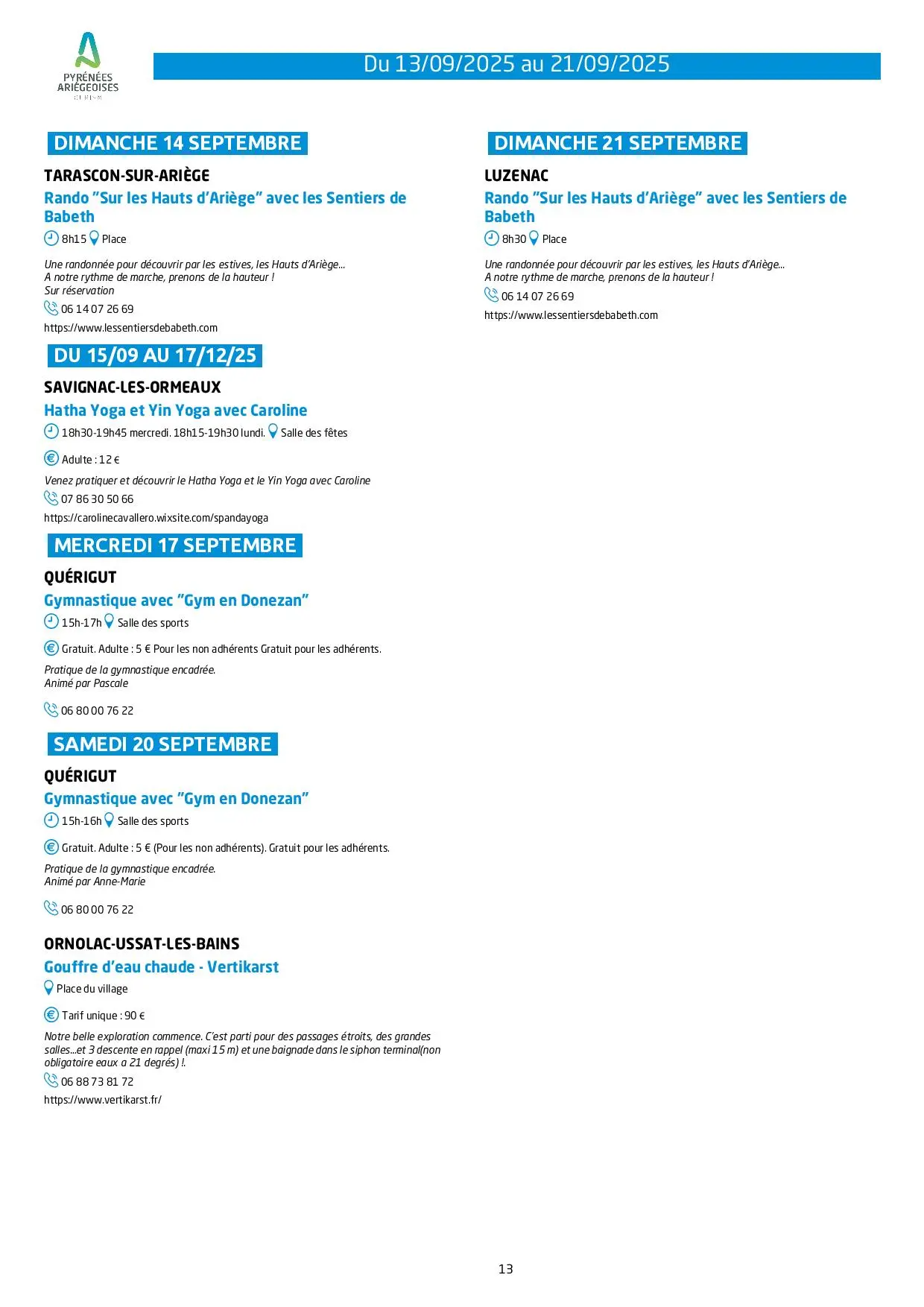 Du 13 au 21.09.Programme Animations & Activités