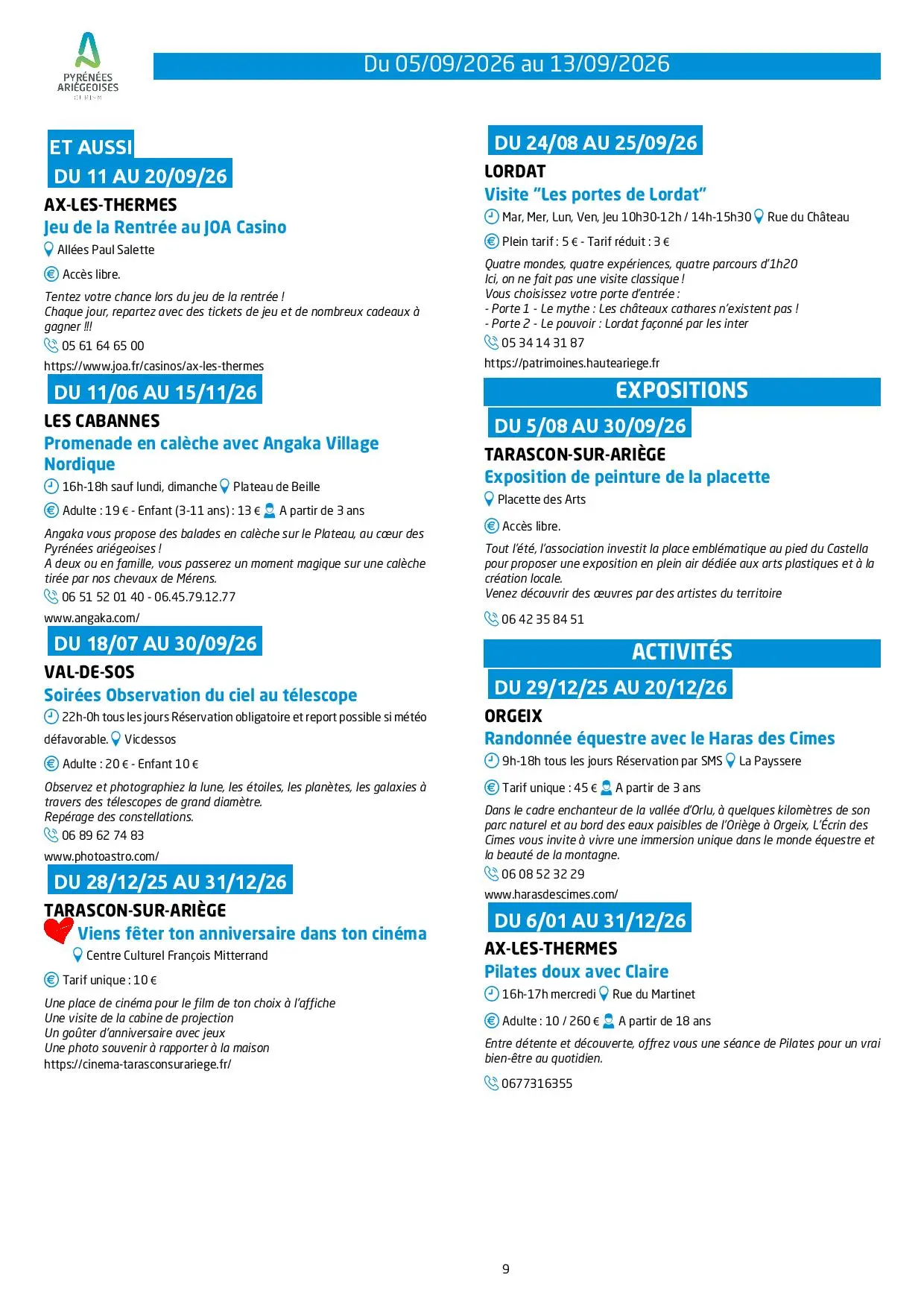 Du 05 au 13.09.Programme Animations & Activités