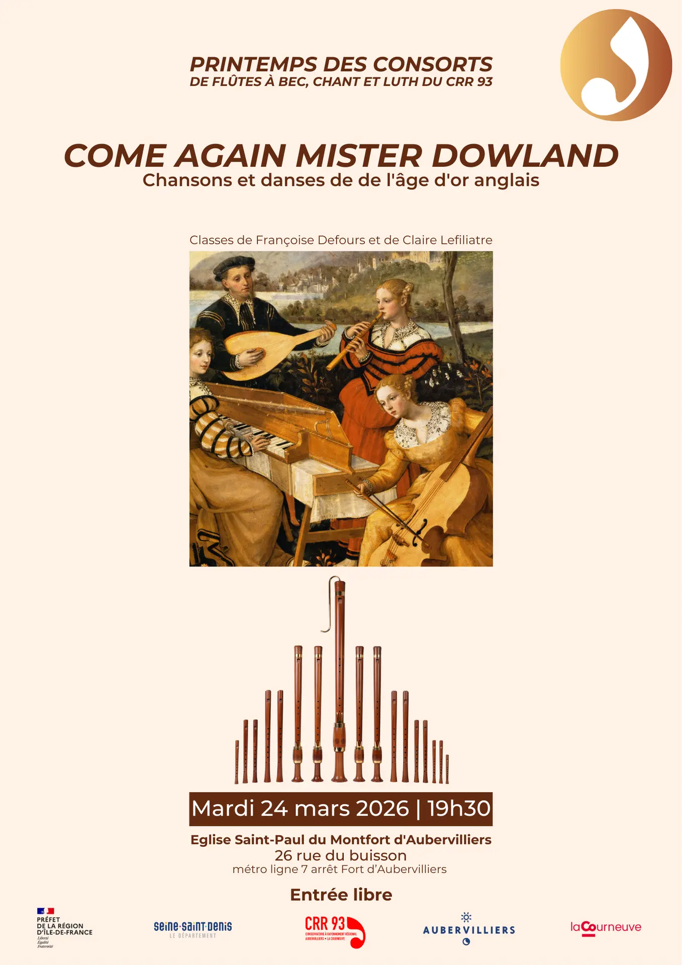 Concert - Printemps des consorts de flûtes à bec -Chant et luth -Come again Mister Dowland_Aubervilliers