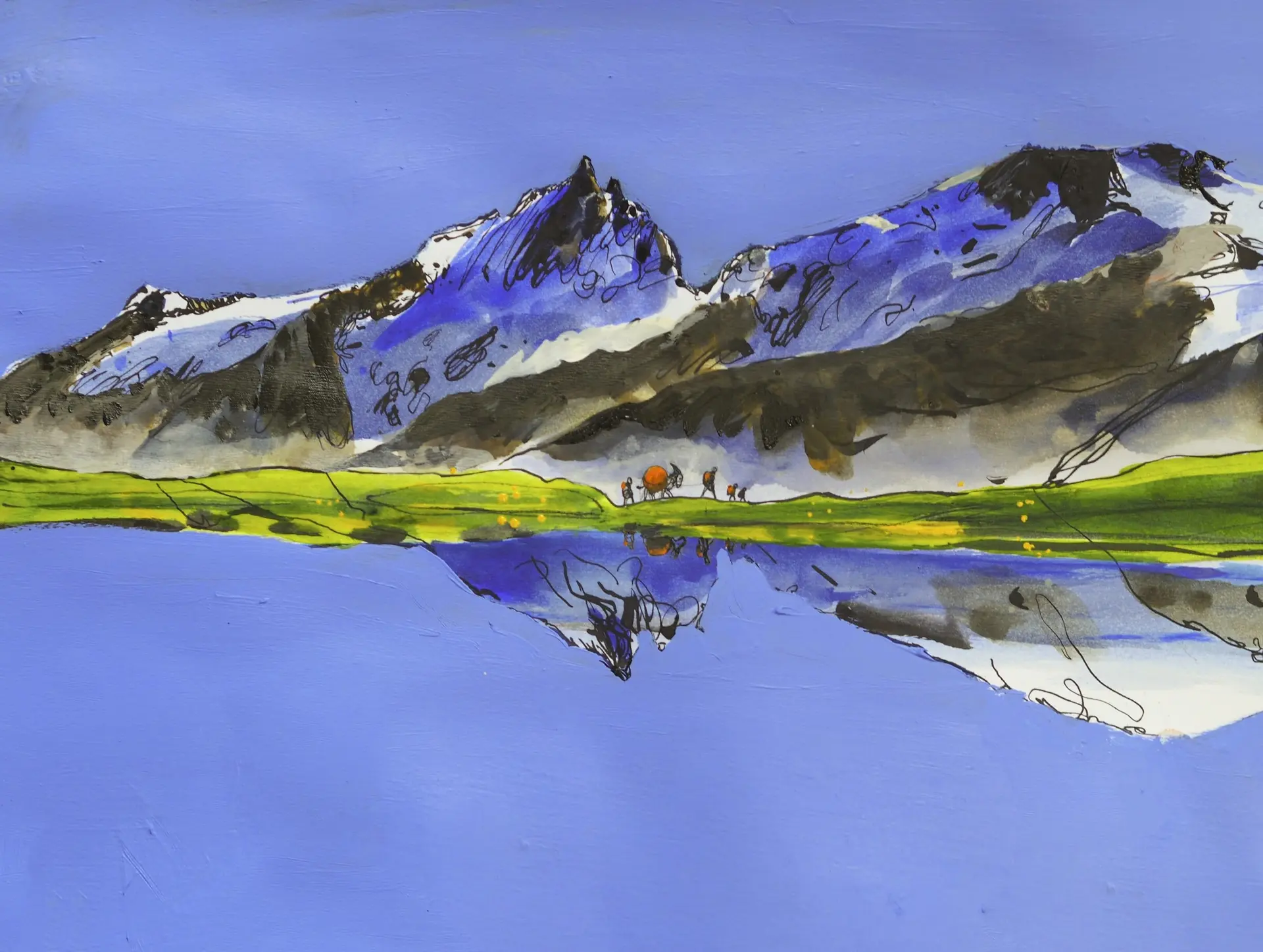 Illustration d'Hervé Frumy représentant une montagne se reflétant dans un lac.