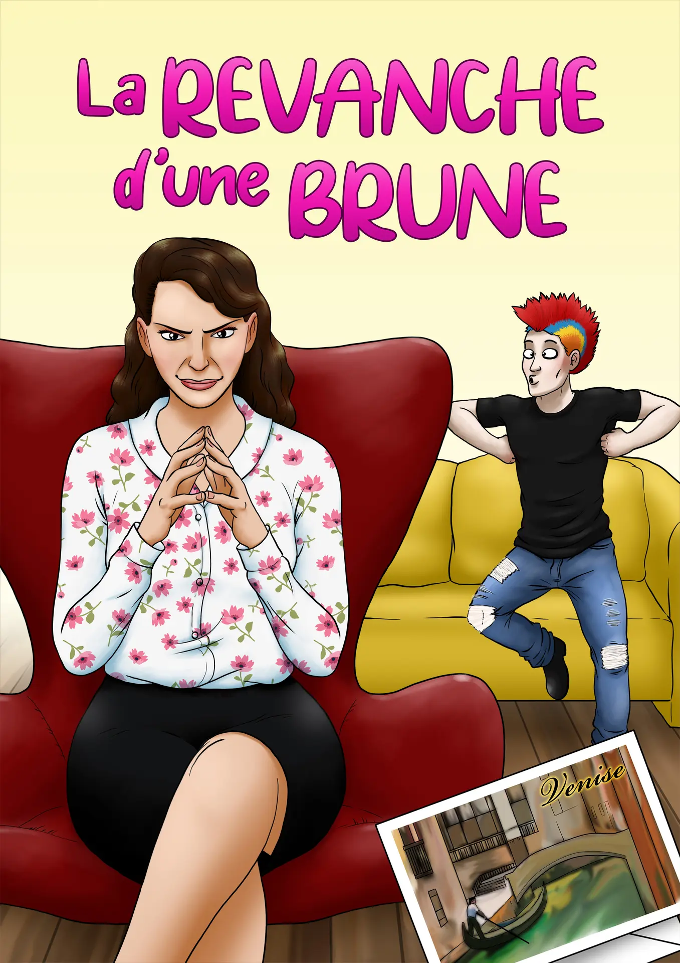 Un dessin sur lequel on voit une femme brune sur un canapé avec un regard malicieux se frottant les mains, en fond un homme fait le guignol