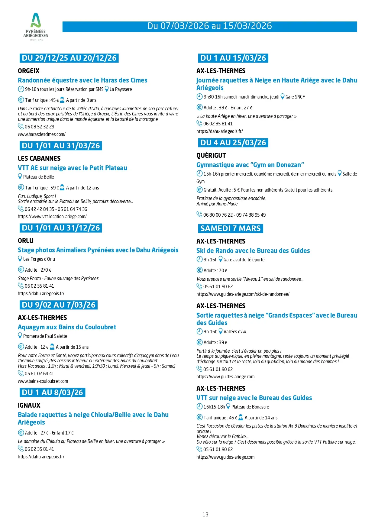 Programme des animations 7 au 15 mars 2026