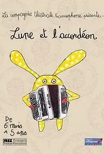 dessin basse définition d'un lapin jaune qui tient et joue d'un accordéon
