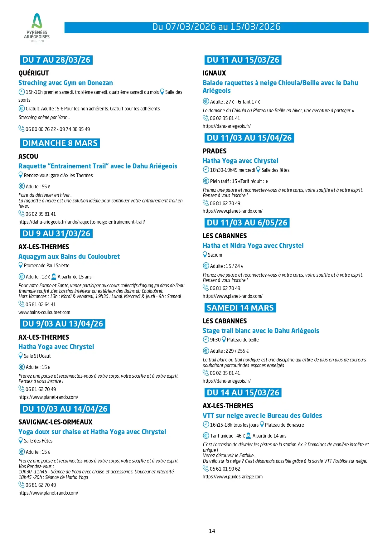 Programme des animations 7 au 15 mars 2026