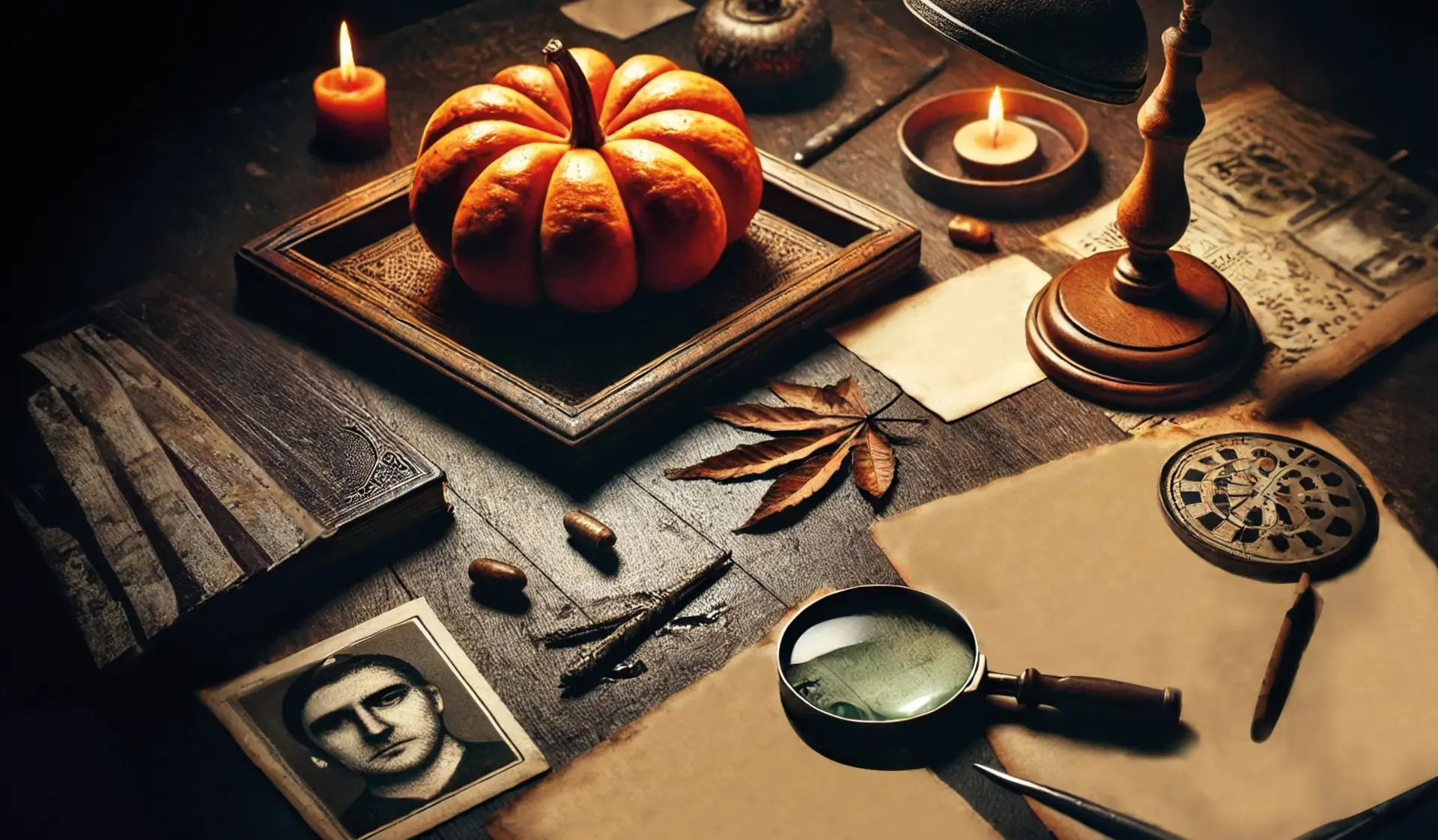 Un bureau avec loupe, courge ...