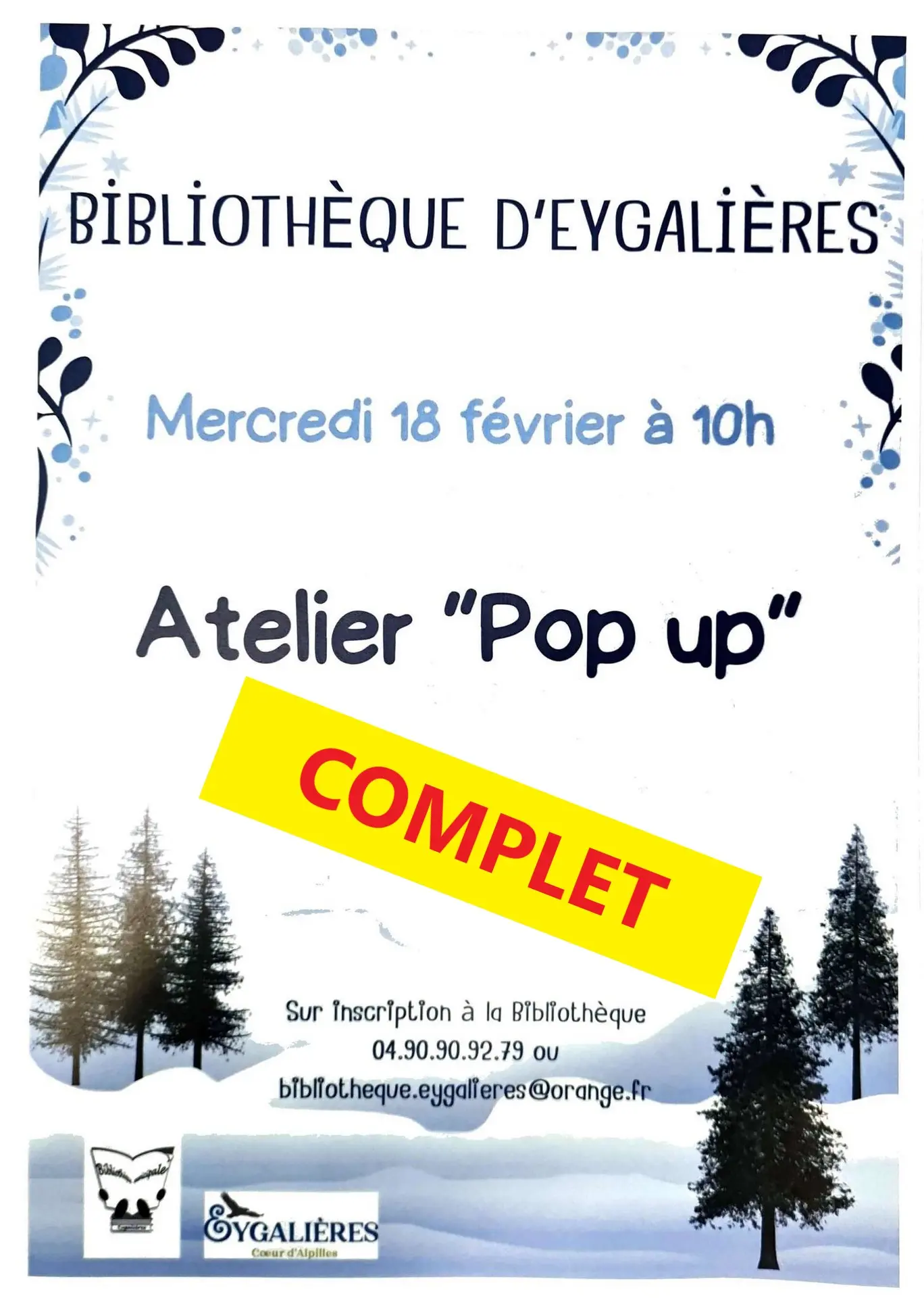 Poster ‘Pop-up’ workshop for children Multimedia Library of Eygalières 18.02.26